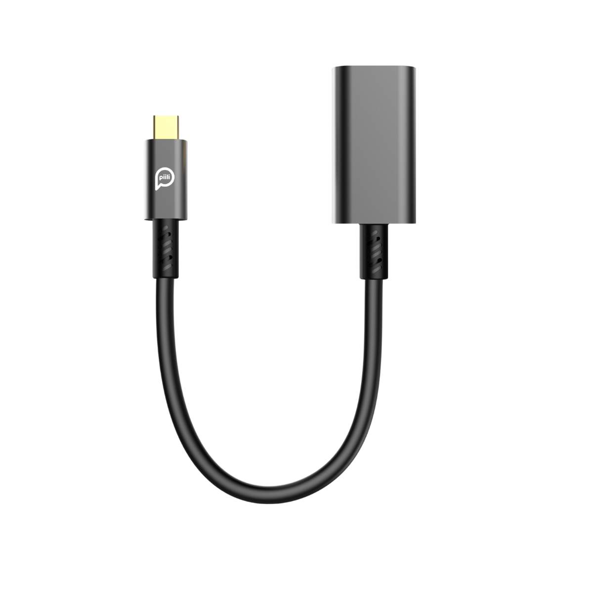 Altın renkli bir USB-C ucu olan siyah ve gri bir USB-C adaptör kablosu. Kablo, beyaz bir zemin üzerinde U şeklinde kıvrılmıştır.