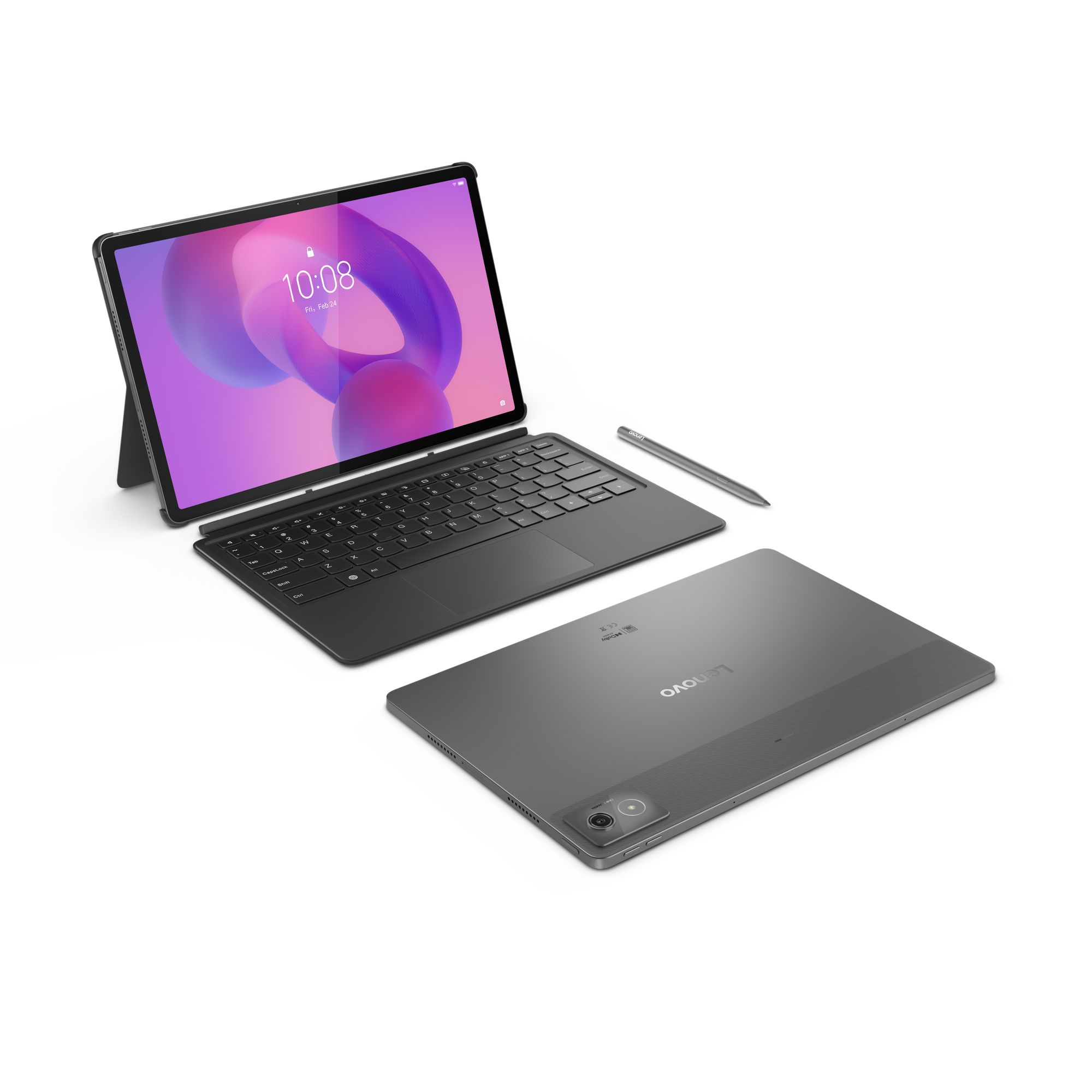 Se muestra una tableta Lenovo con teclado y lápiz óptico. La pantalla de la tableta muestra la hora. La tableta es gris sobre un fondo negro.