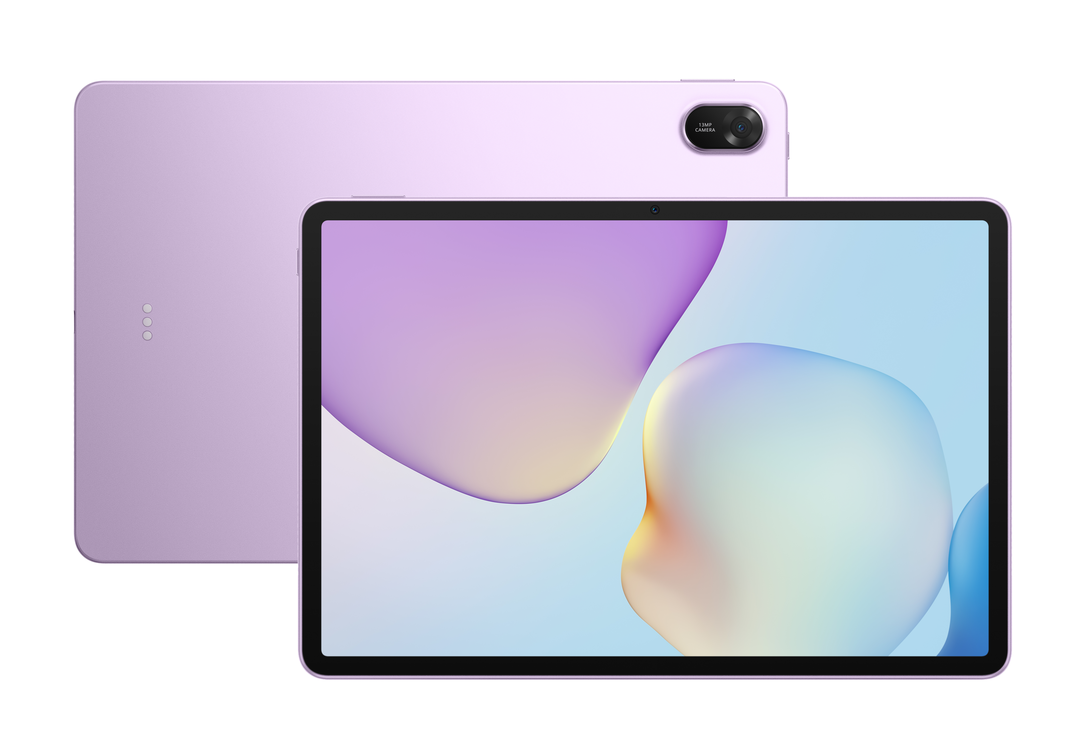 Fioletowy tablet pokazuje kolorowy wyświetlacz, z drugim tabletem z tyłu. Oba mają aparat.