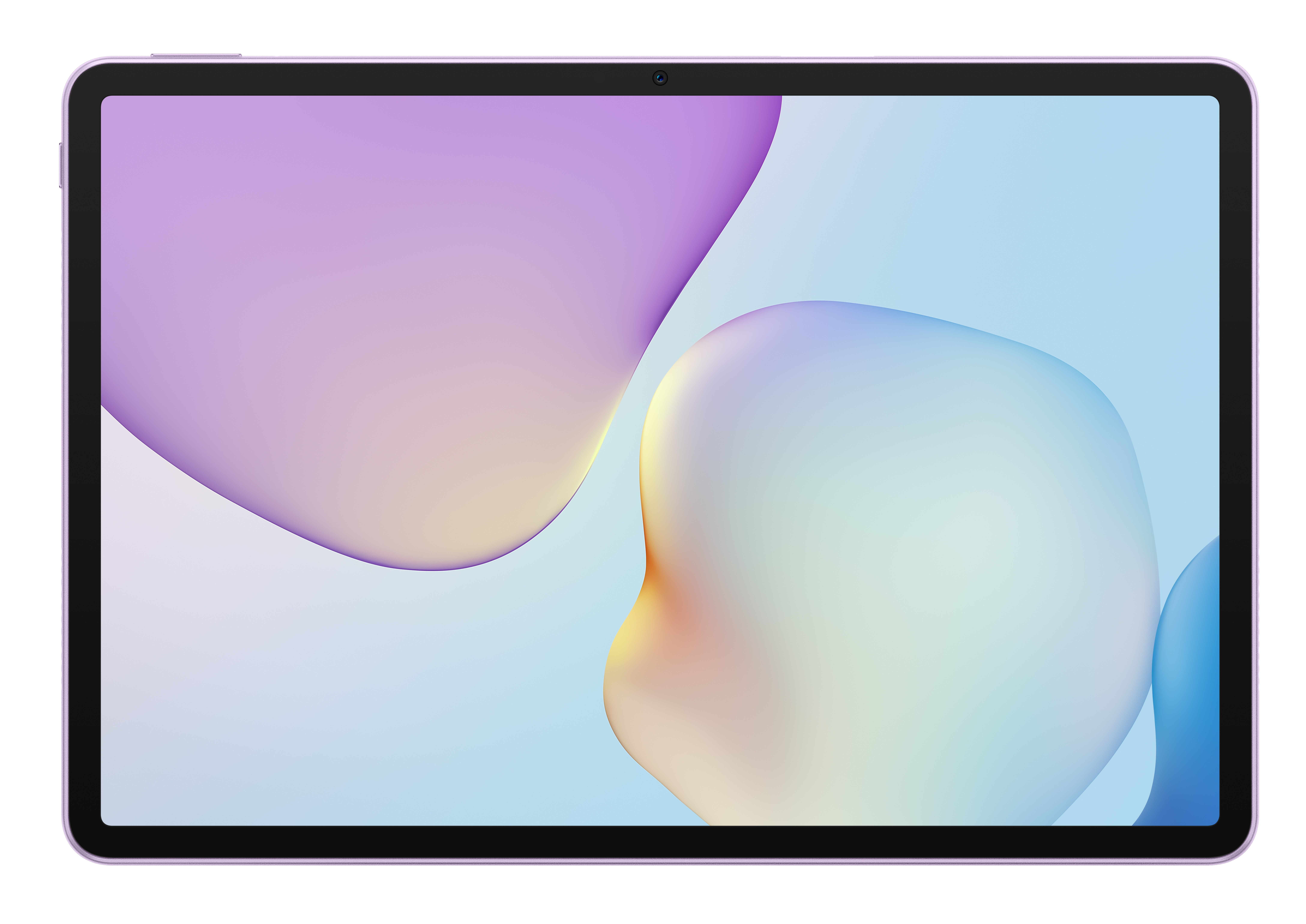 Fioletowy tablet wyświetla kolorowy abstrakcyjny wzór. Ekran pokazuje płynne kształty w pastelowych kolorach na jasnoniebieskim tle.