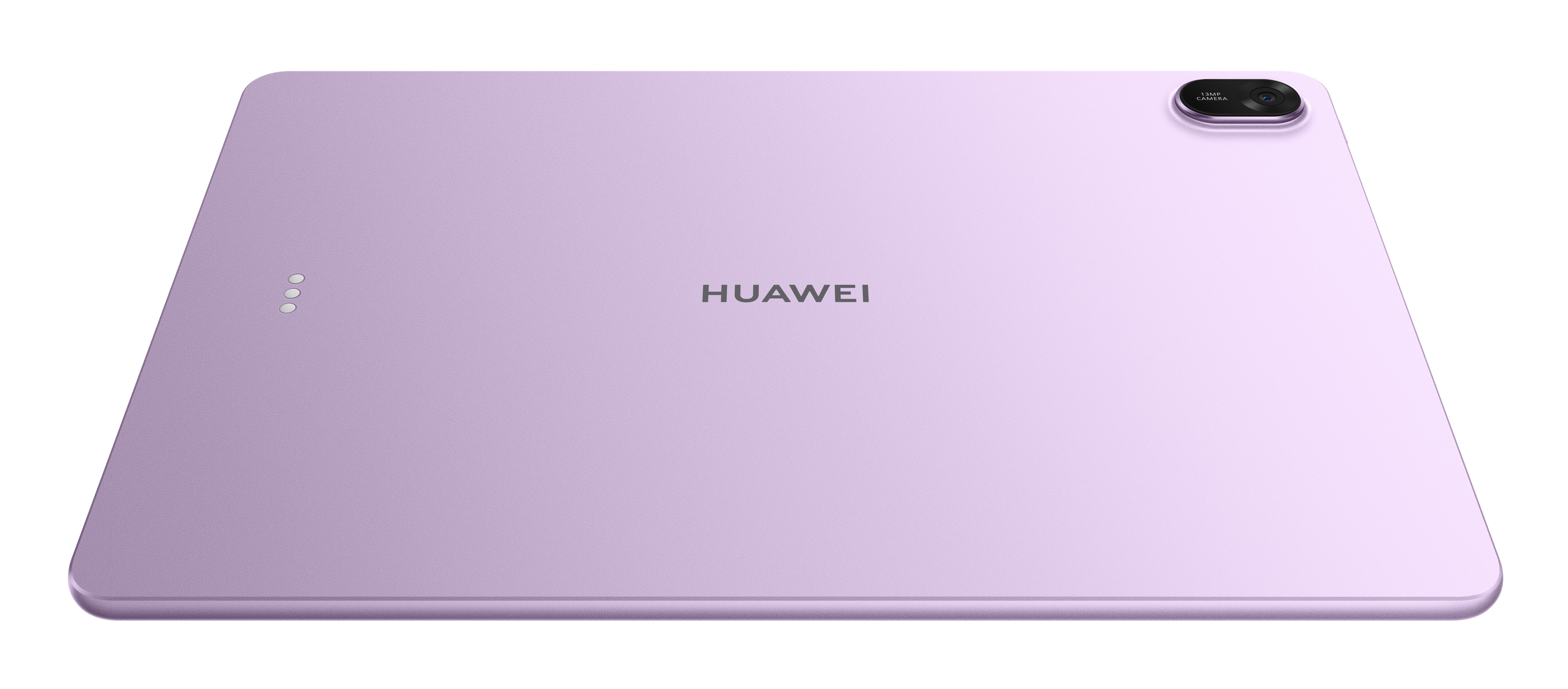 Lawendowy tablet Huawei. Ma aparat u góry po prawej stronie i logo Huawei pośrodku. Po lewej stronie trzy otwory.