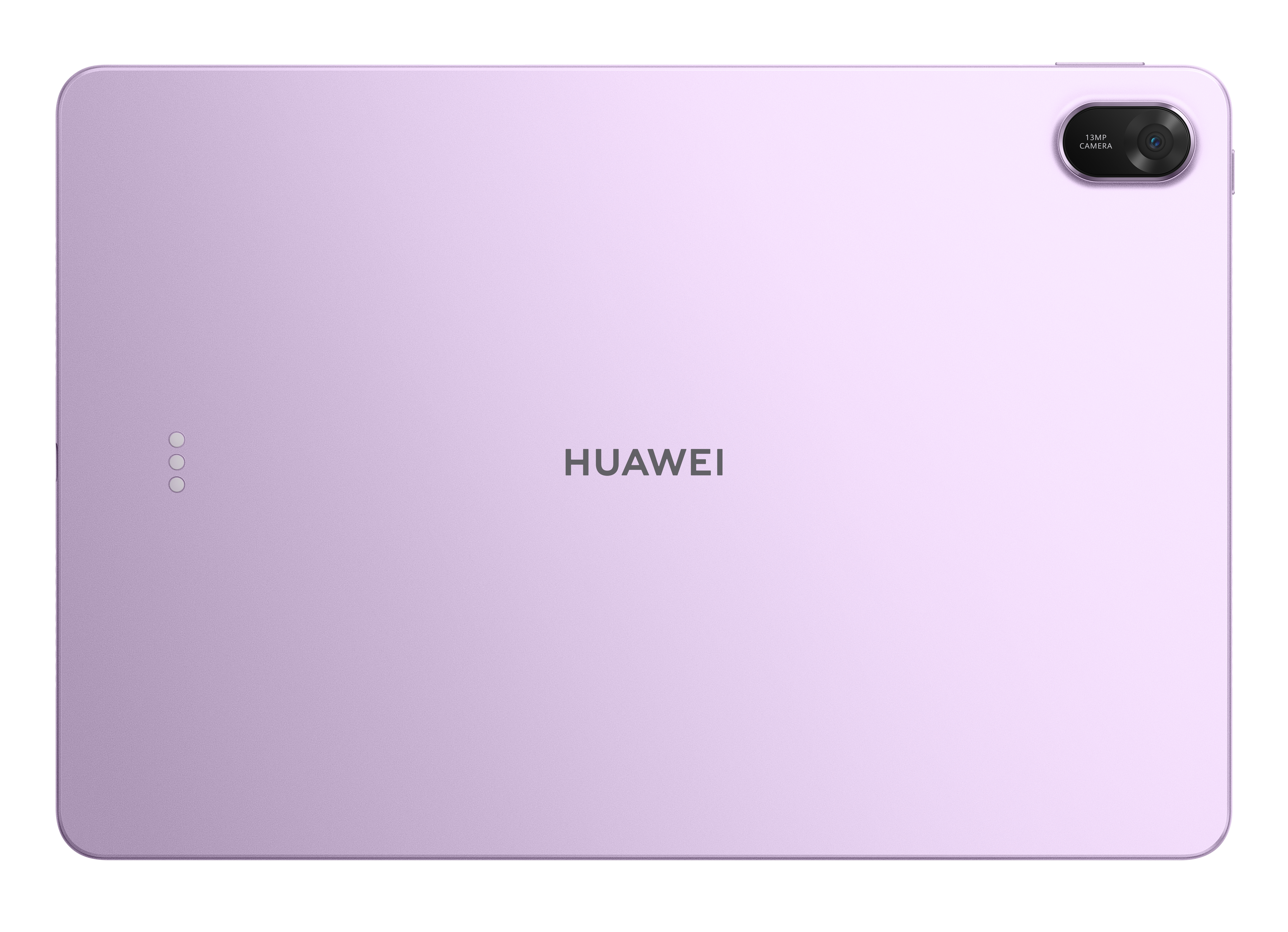 Jasnofioletowy tablet z logo Huawei, aparatem i trzema kropkami. Tło jest białe.