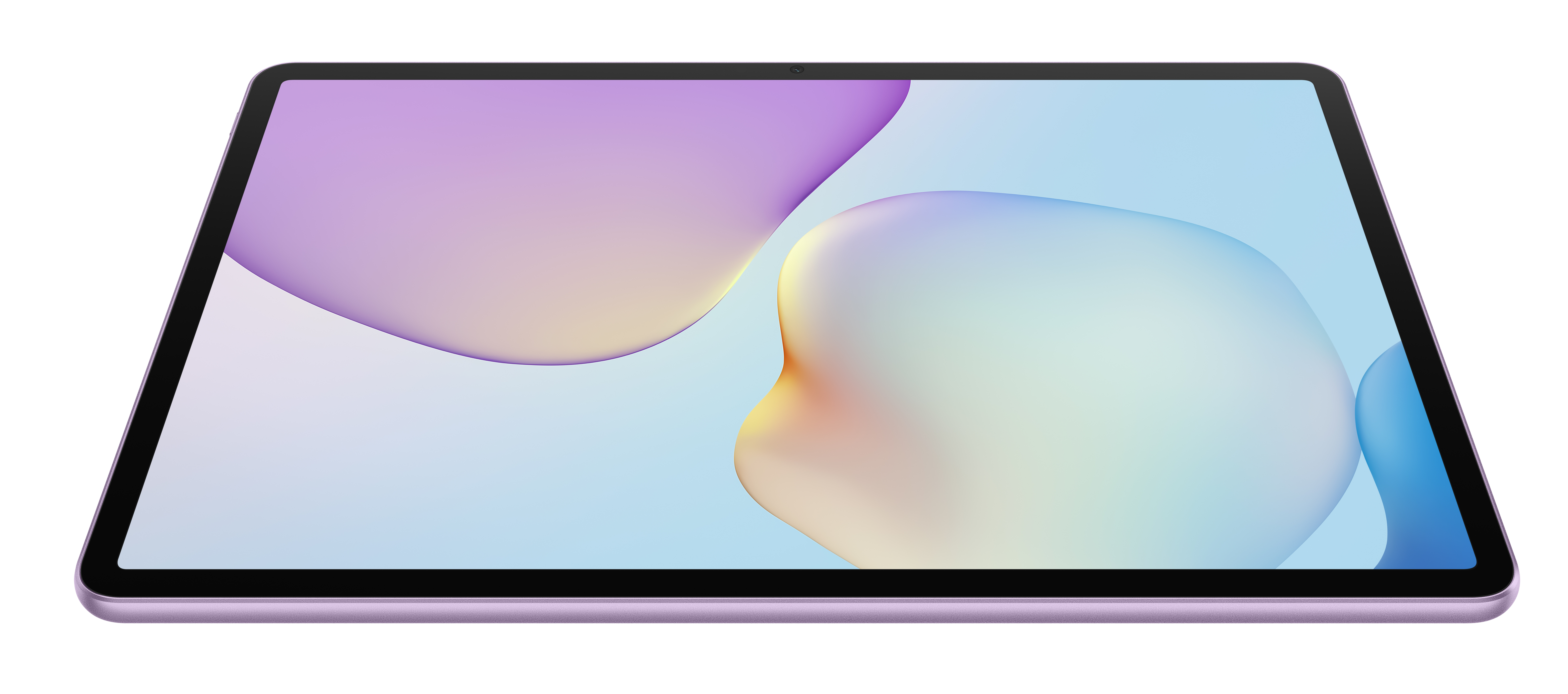 Lawendowy tablet z ekranem przedstawiającym abstrakcyjne kształty w kolorze fioletowym, żółtym i niebieskim. Tablet jest skierowany do widza.