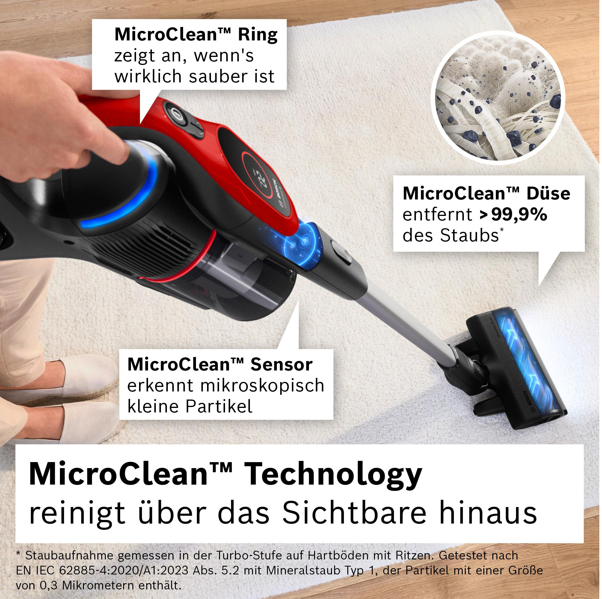 Ein rot-schwarzer Staubsauger reinigt einen weißen Teppich. Text hebt seine Funktionen hervor, wie Staubentfernung und Sensor.