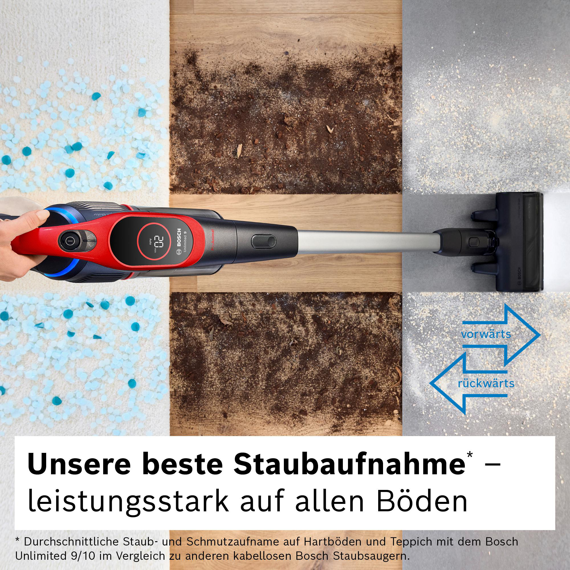 Das Bild zeigt einen Bosch-Staubsauger auf verschiedenen Oberflächen. Er reinigt Schmutz, Konfetti und Pulver, um seine Reinigungsfähigkeiten zu veranschaulichen.