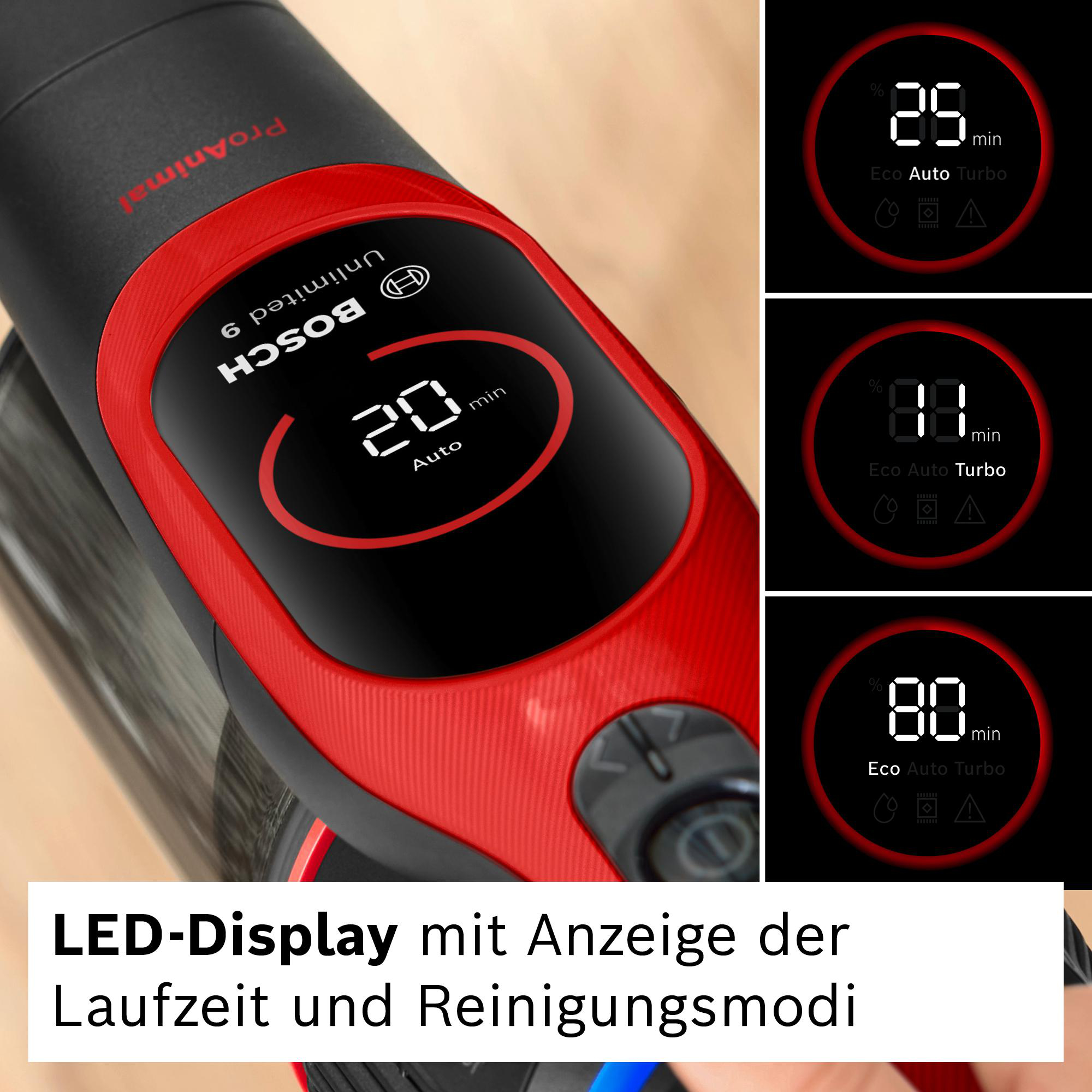 Ein rot-schwarzer Staubsauger mit digitaler Anzeige von Zeit und Reinigungsmodi. Das Bosch-Logo ist sichtbar.