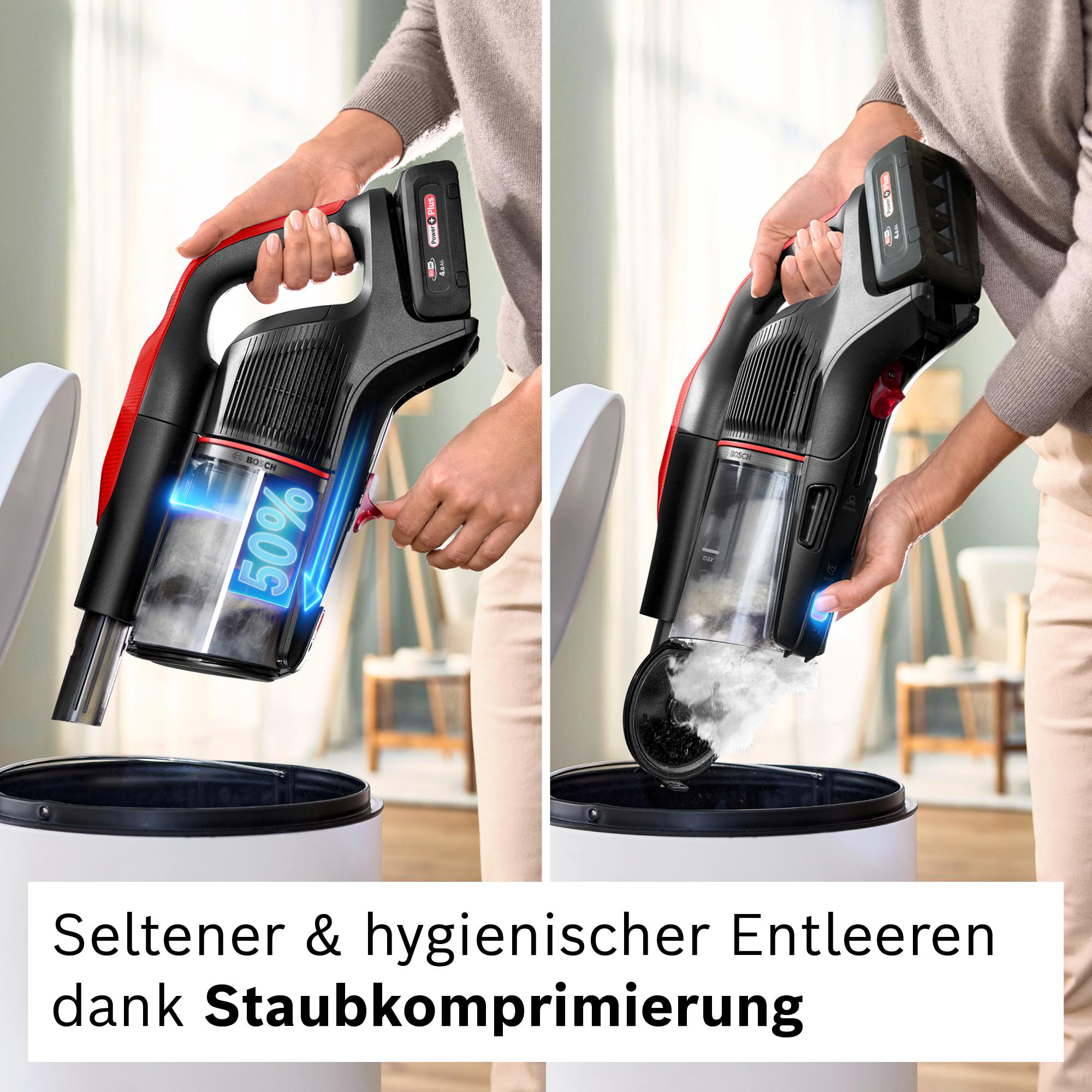 Eine Person benutzt einen schwarz-roten kabellosen Staubsauger. Der Staubsauger entleert sich in einen weißen Behälter.