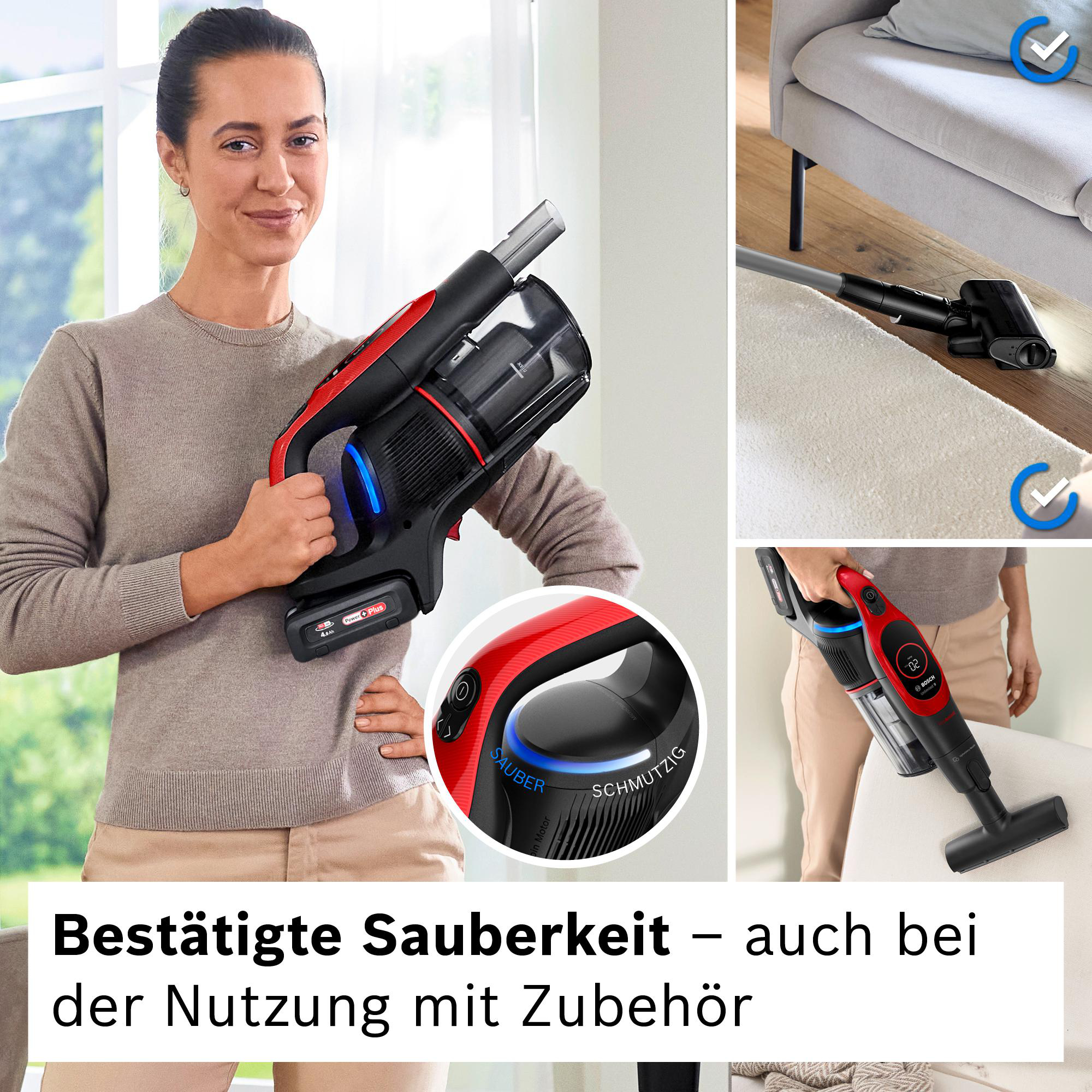 Eine Frau hält einen schwarz-roten Staubsauger. Das Bild enthält Nahaufnahmen und einen Text mit der Aufschrift 'Bestätigte Sauberkeit'.