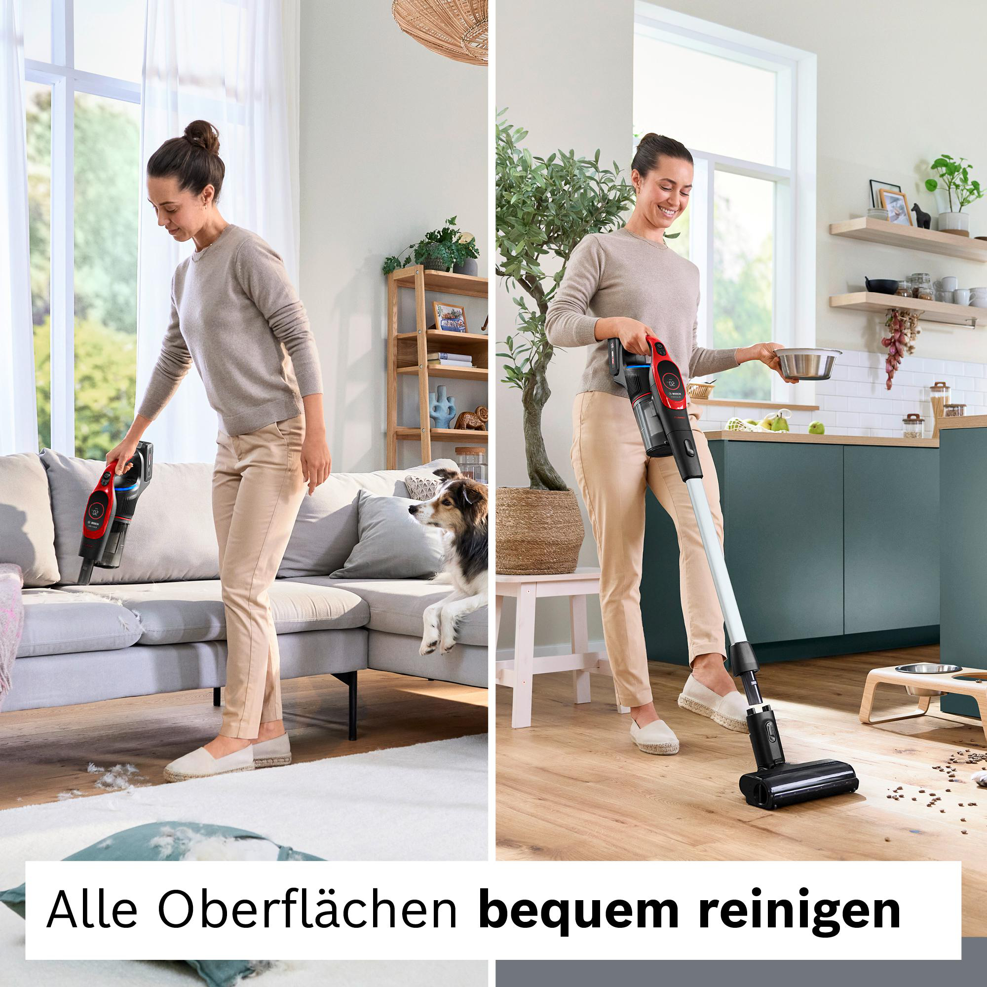 Eine Frau saugt Sofa und Boden. Ein Hund sitzt auf dem Sofa. Das Bild wirbt für einfaches Reinigen.