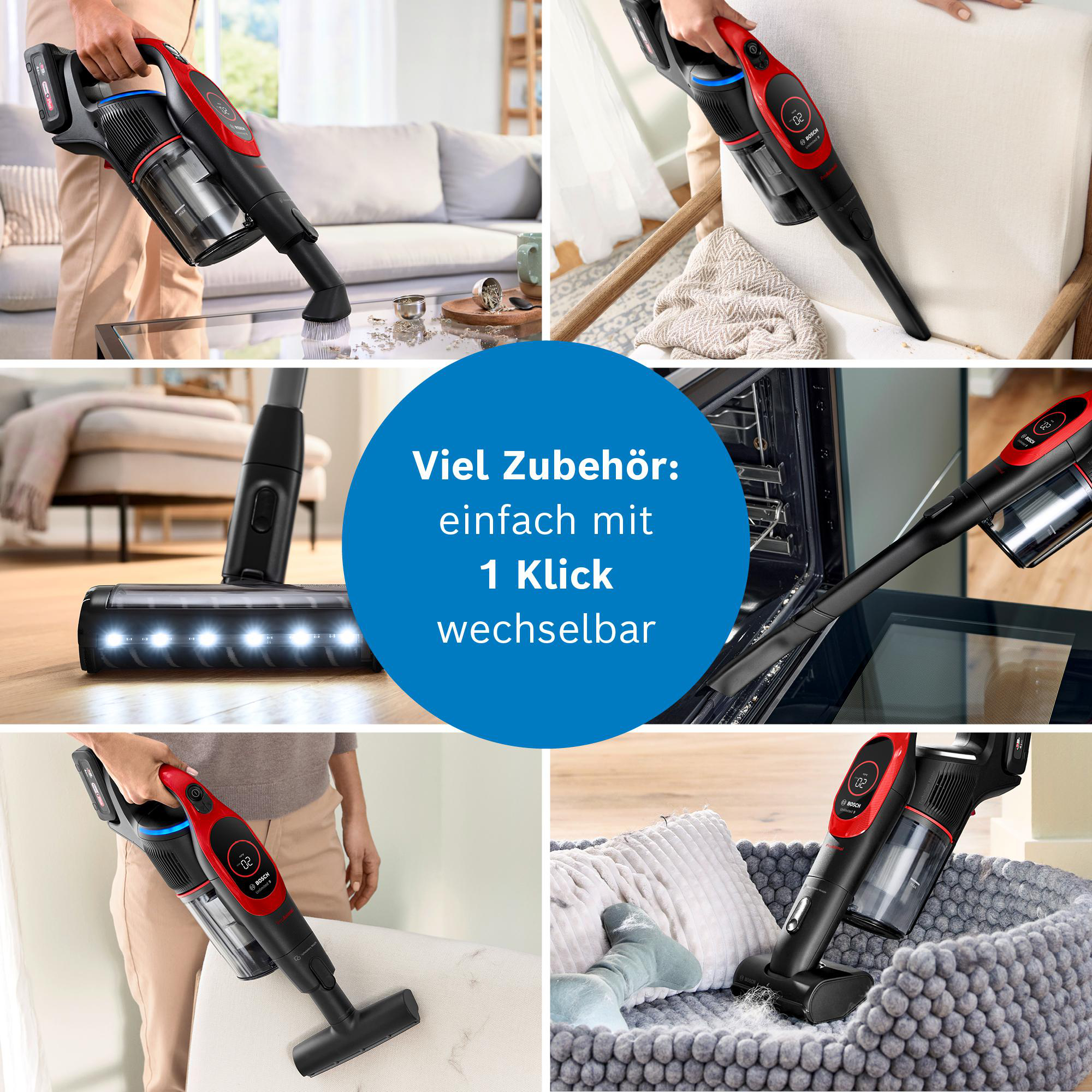 Collage von Bosch-Staubsaugeraufnahmen, im Einsatz auf verschiedenen Oberflächen, mit rotem und schwarzem Design, plus ein zentraler blauer Kreis.