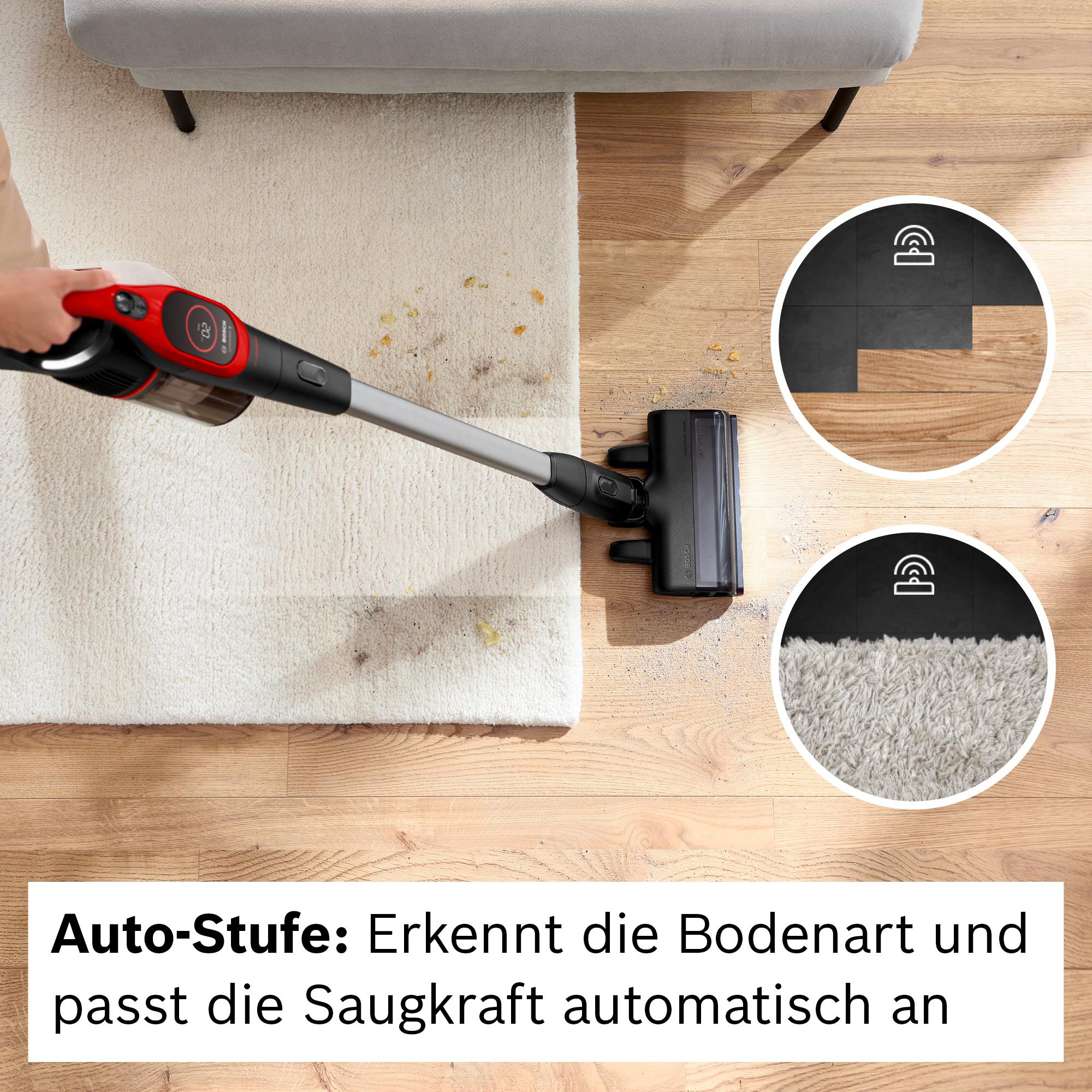 Ein Staubsauger reinigt Teppich und Holzboden. Insets zeigen Bodentypen. Text: 'Auto-Stufe: erkennt Bodentyp'.