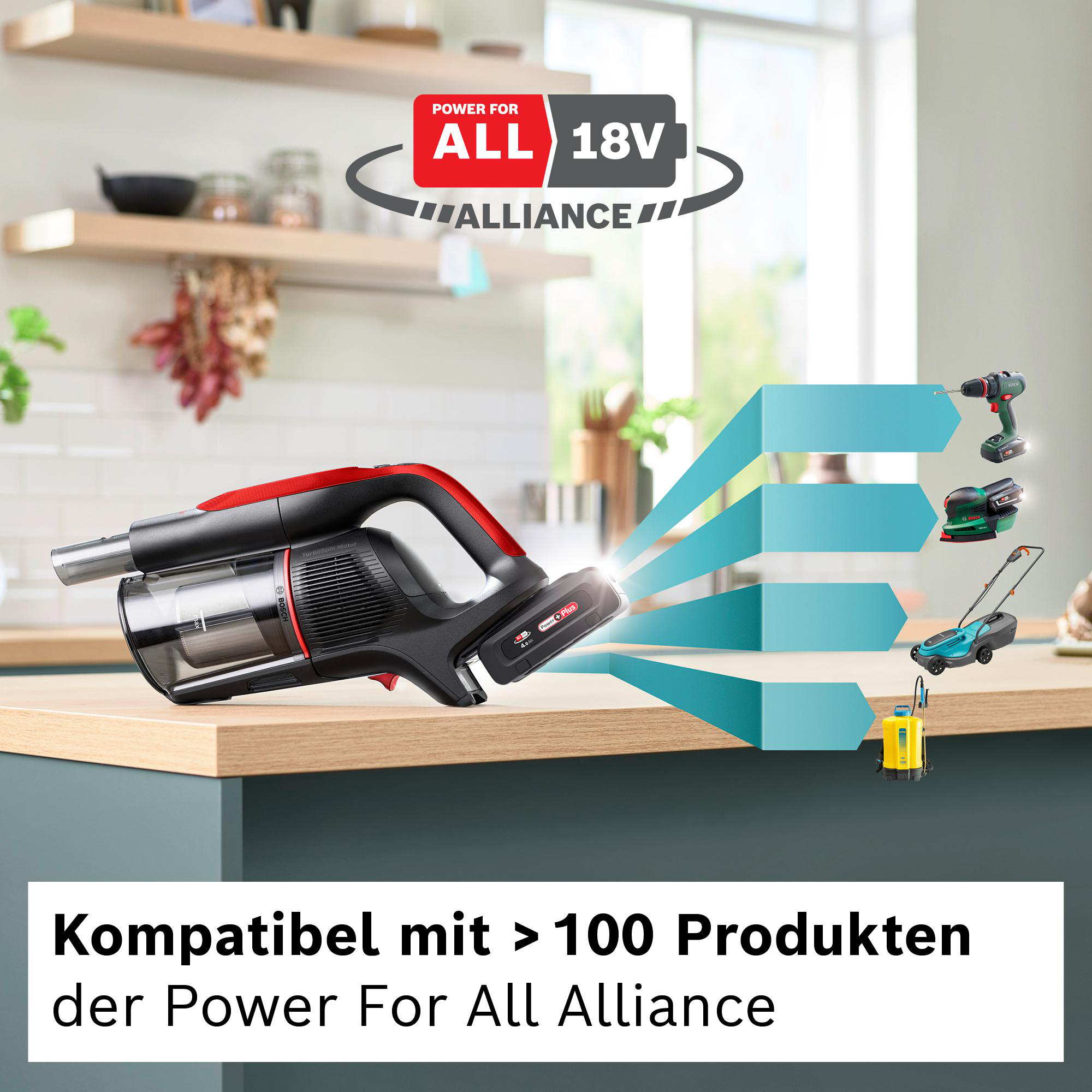 Ein kabelloser Staubsauger mit roten Akzenten steht auf einer Theke. Werkzeuge und das Power For All Logo im Hintergrund.