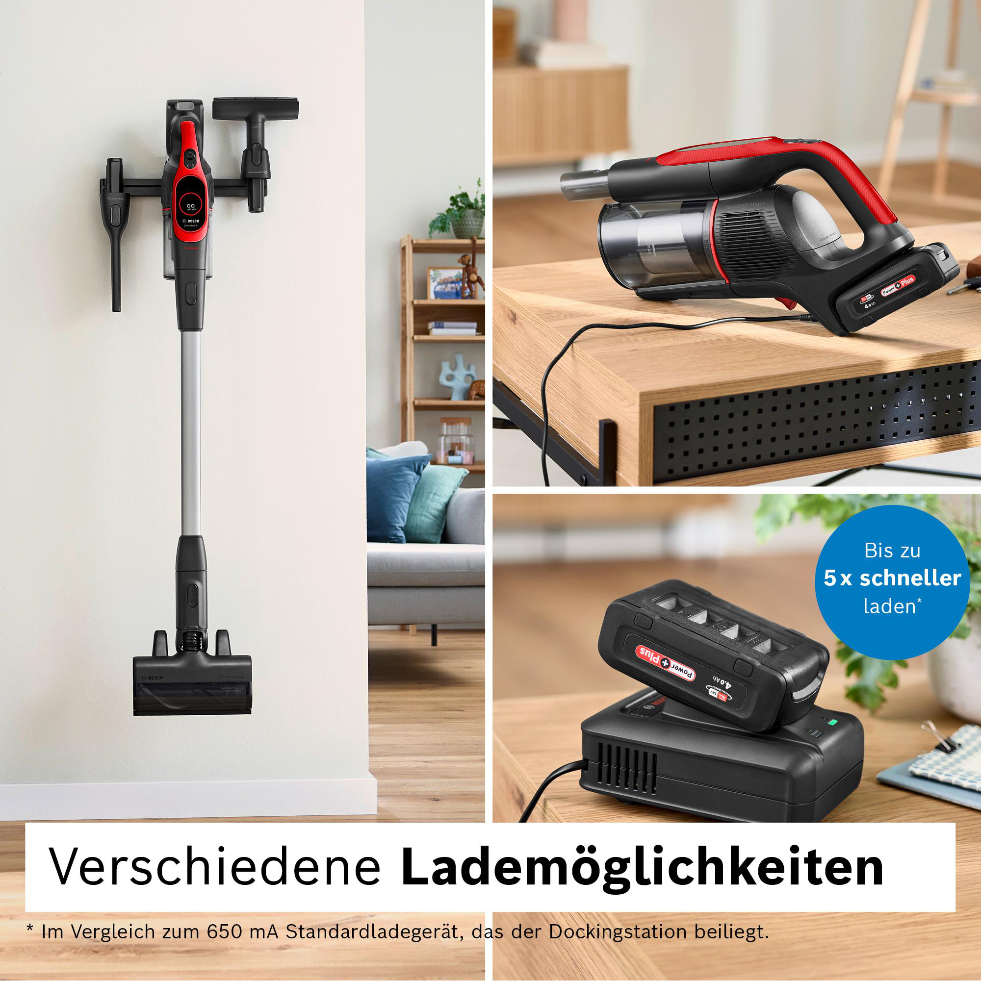 Bild zeigt einen kabellosen Staubsauger mit Zubehör, Ladestation und Akku. Text hebt verschiedene Lademöglichkeiten hervor.
