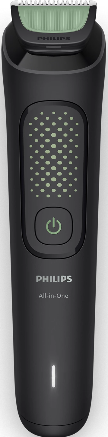 Schwarzer Philips All-in-One Trimmer. Grüne Klinge und Power-Taste. Weißes Licht unten.