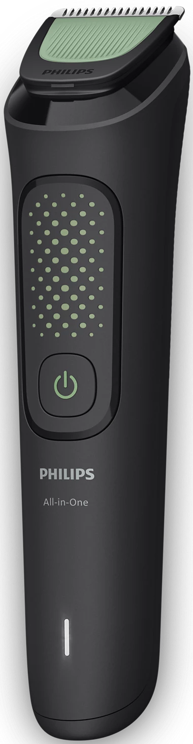 Schwarzer Philips All-in-One Trimmer. Mit grünem Ein-/Ausschalter und Kontrollleuchten. Klingen sind grün und silber.