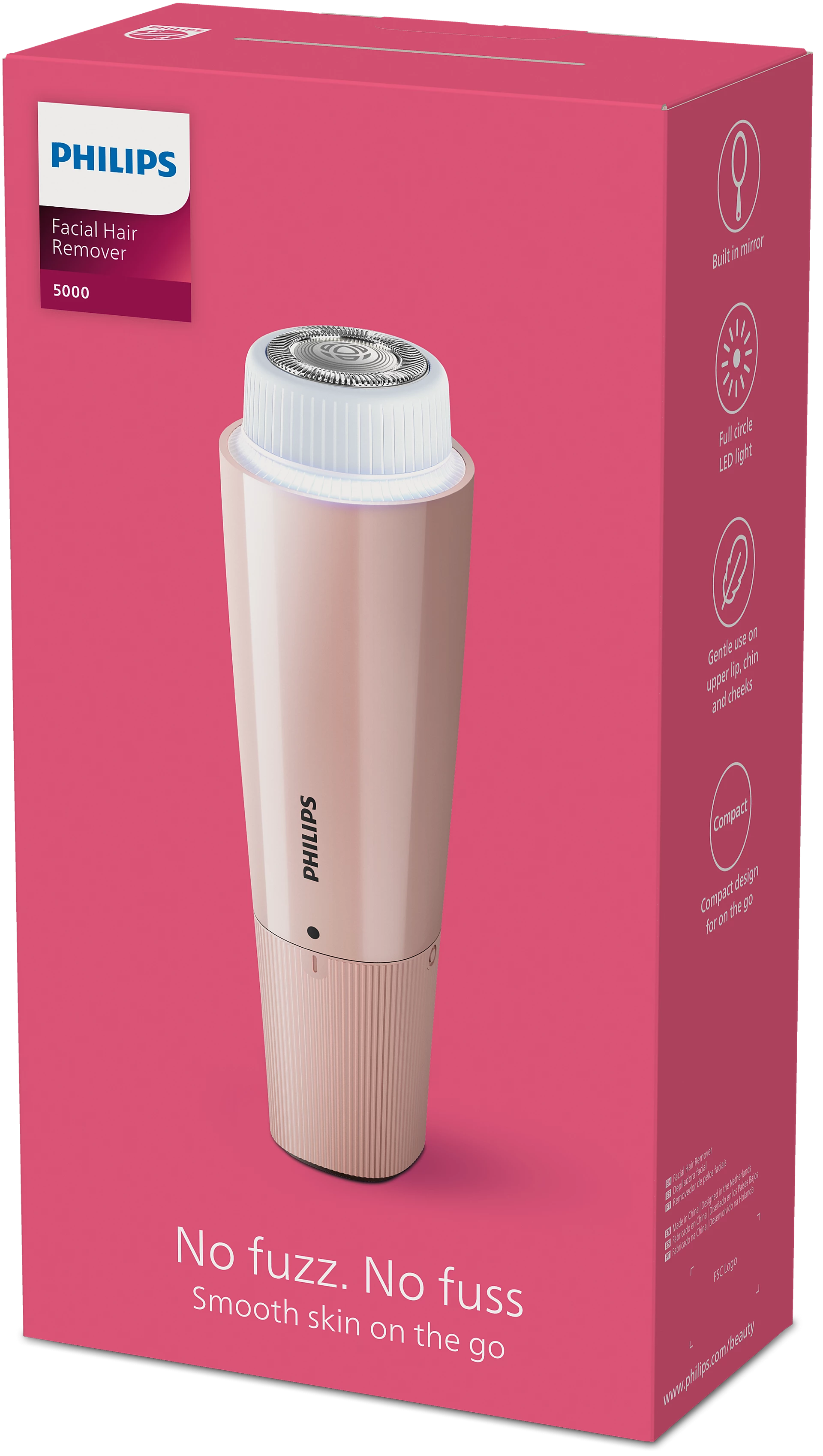Epilatore facciale Philips in scatola. Dispositivo rosa e bianco con testina argentata. Testo: Niente peluria, niente problemi. Pelle liscia in movimento.