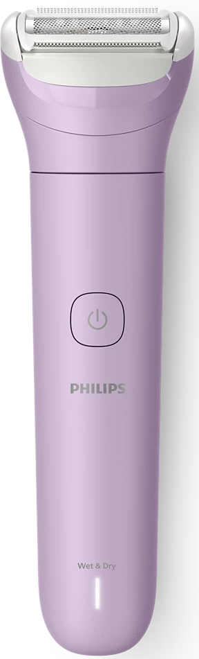 Ein lila Philips Rasierer, nass und trocken. Er hat einen Einschaltknopf, das Philips-Logo und eine Ladeanzeige.