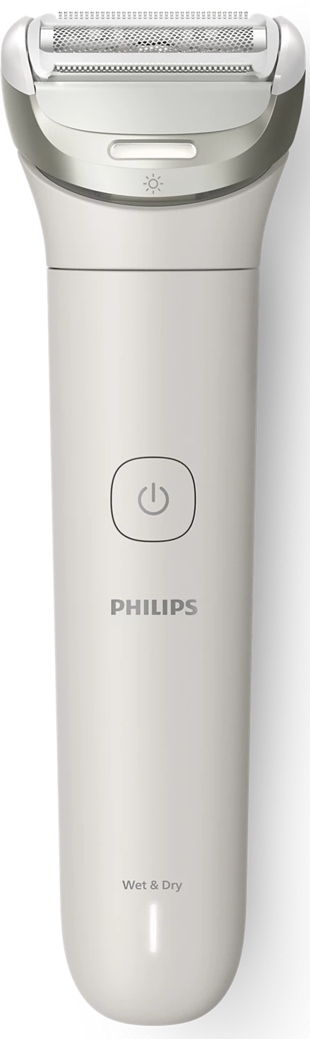 Un rasoio elettrico Philips bianco. Ha un pulsante di accensione/spegnimento e il nome del marchio. La testina ha lame.