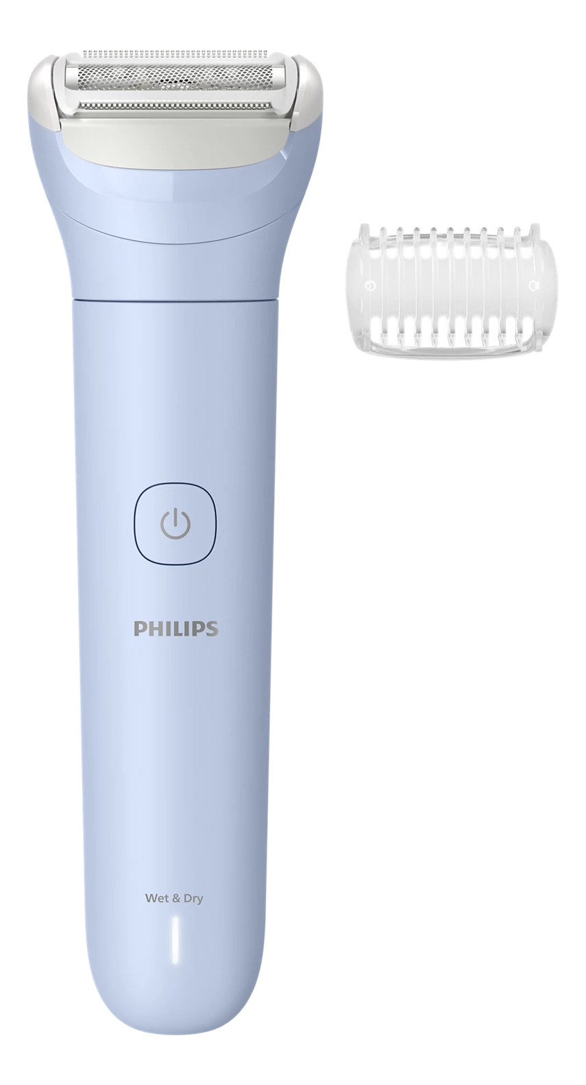 Un rasoio Philips per uso bagnato e asciutto azzurro con un pettine di rifinitura bianco separato. Ha un pulsante di accensione e il logo Philips.