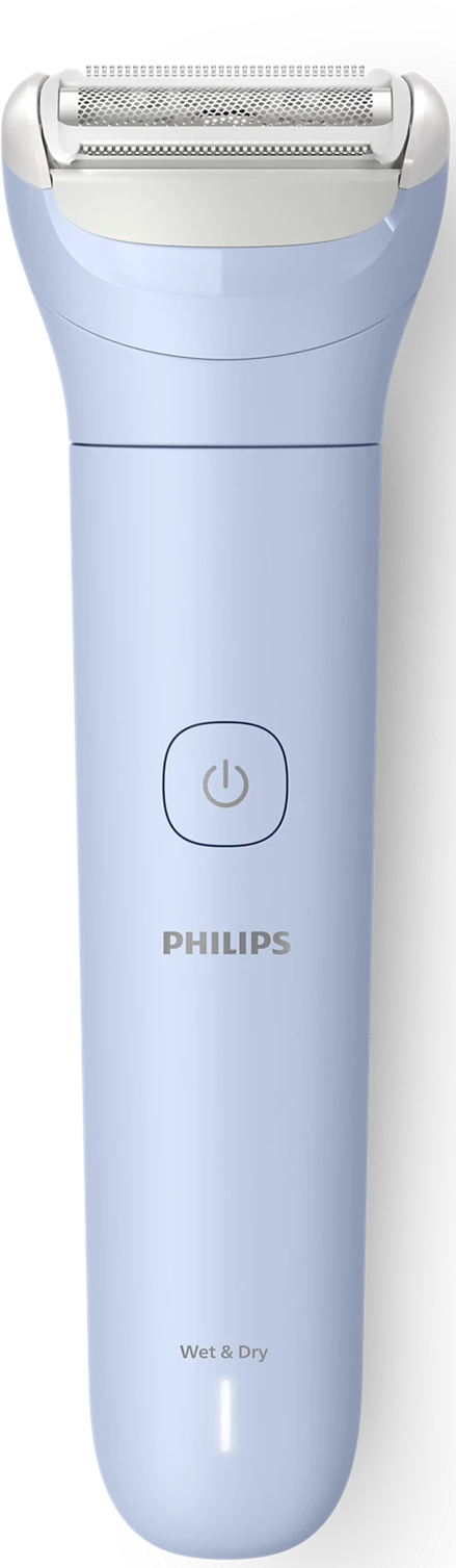 Un rasoio elettrico Philips blu e bianco. Ha un pulsante di accensione ed è etichettato Wet & Dry.