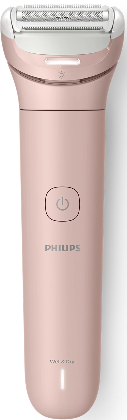 Un rasoio elettrico Philips rosa. Ha un pulsante di accensione, una luce e la scritta "Wet & Dry". Su sfondo nero.