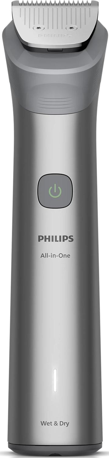 Tondeuse Philips All-in-One argentée. Elle a une lame, un bouton d'alimentation et le mot "Wet & Dry". Le fond est noir.