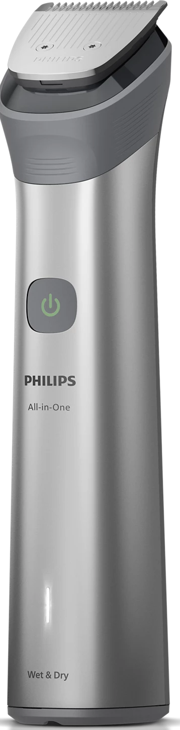 Un rasoir Philips All-in-One Wet & Dry argenté. Il a un bouton d'alimentation et une tête de coupe. Le fond est noir.