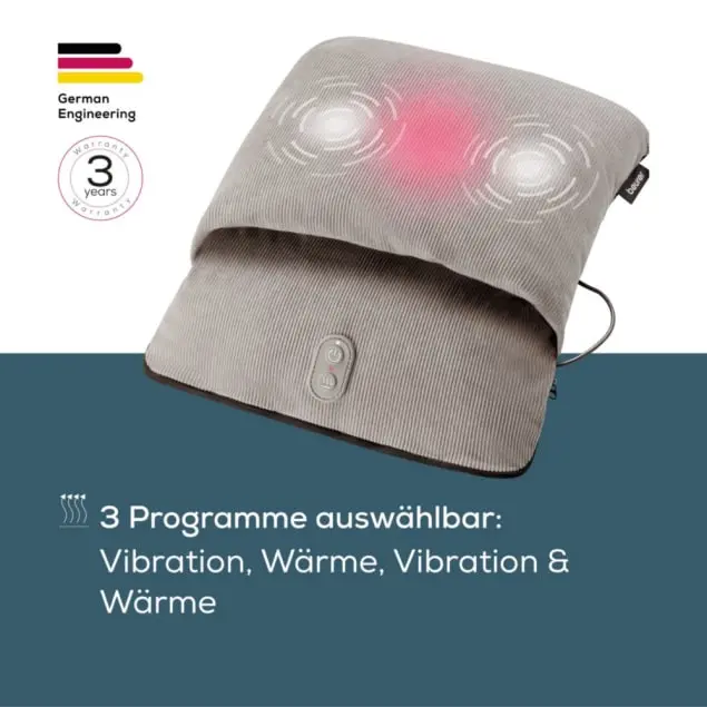 Graues Massagekissen mit roten und weißen Kreisen, Produktinfo auf Deutsch. Funktionen umfassen Vibrations- und Wärmeoptionen.