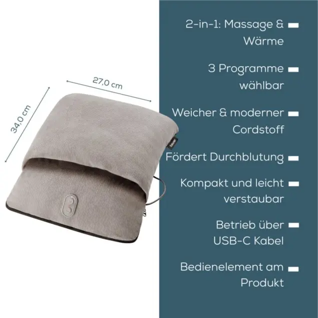 Ein graues Massage- und Wärmekissen mit Maßangaben. Text beschreibt Funktionen: 2-in-1, 3 Programme, weicher Cordstoff, fördert die Durchblutung.