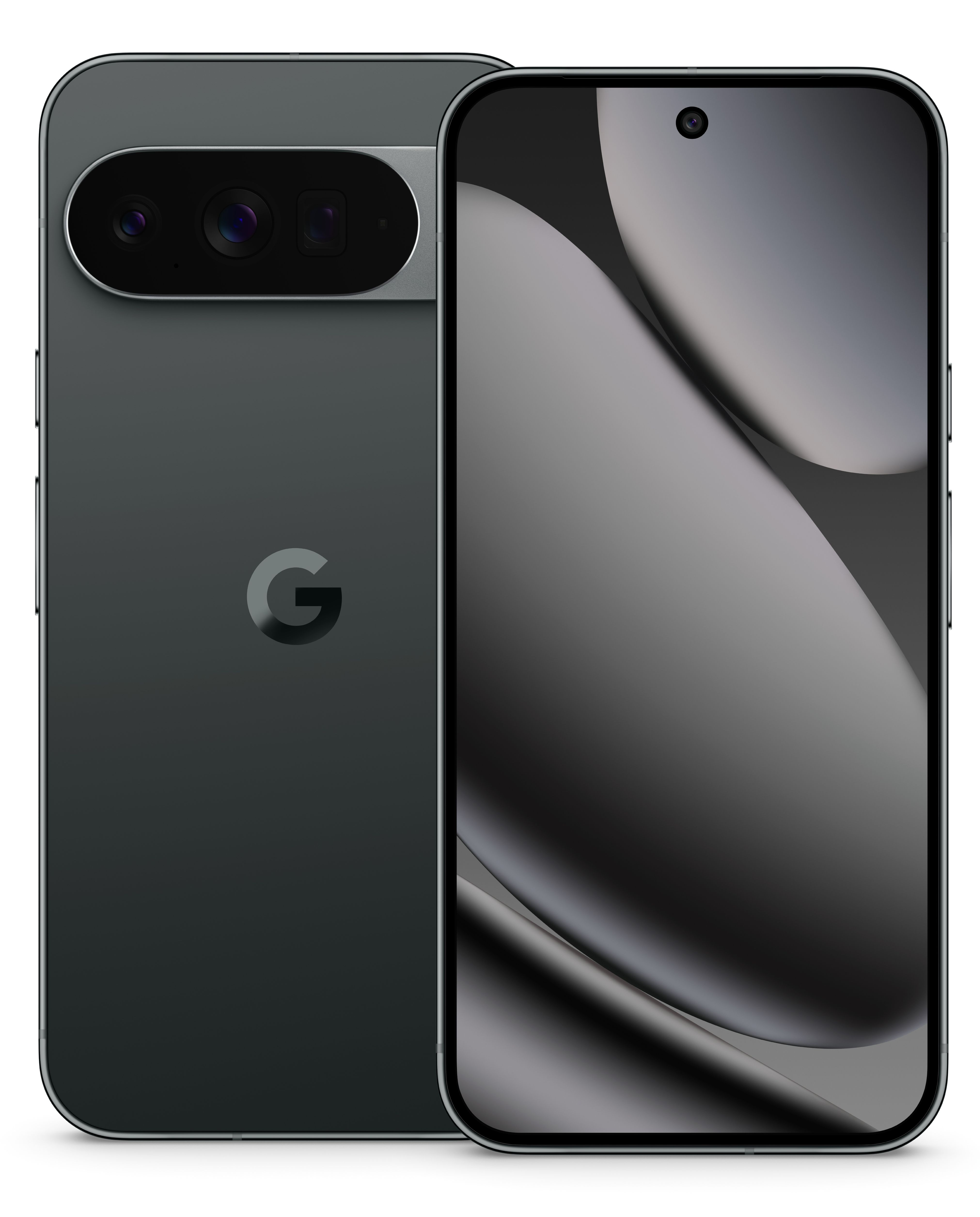 Zwei Smartphones, eines mit der Rückseite, das andere mit der Vorderseite. Beide sind dunkelgrau. Die Rückseite zeigt Kamera und Google-Logo.