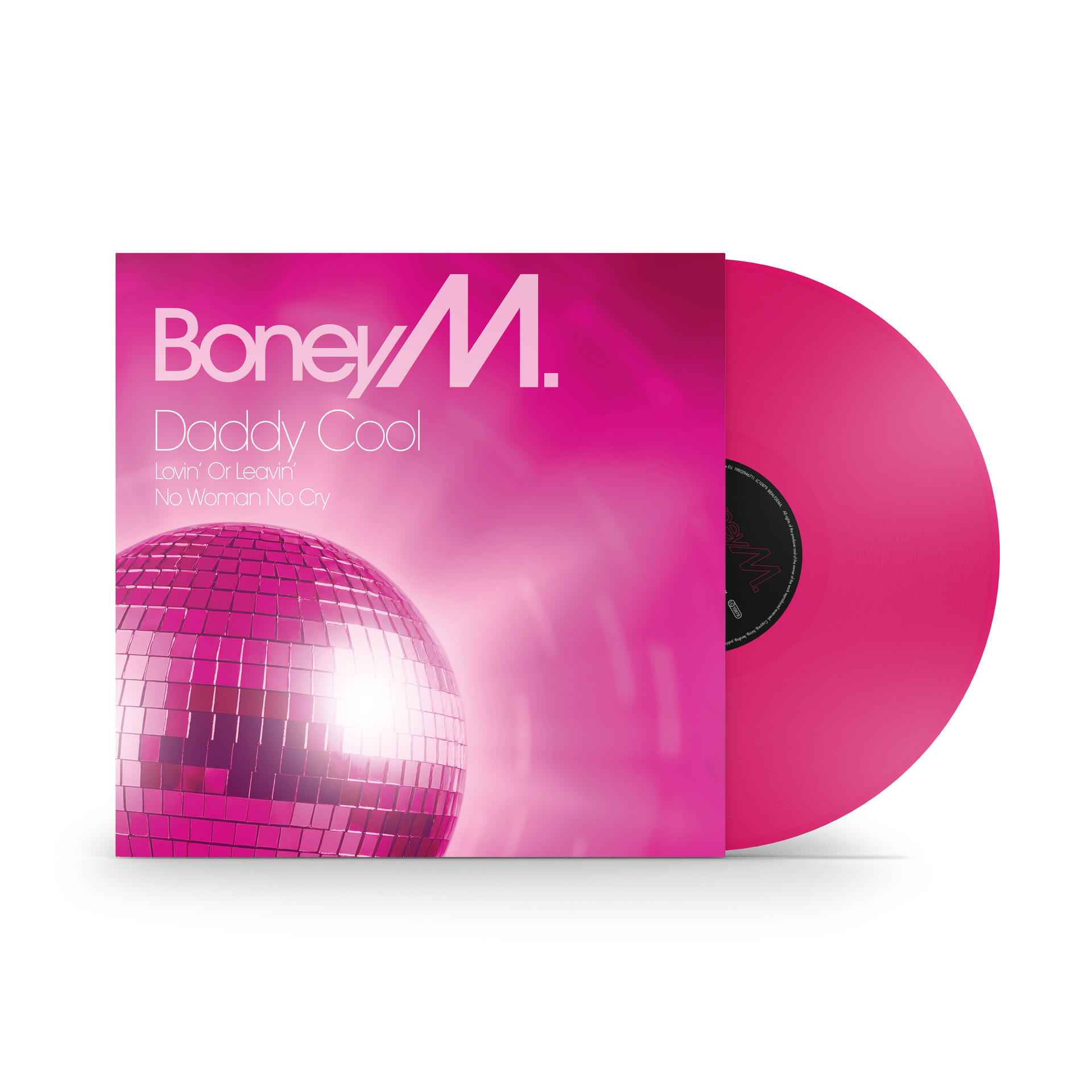 Albumcover für Boney M, Daddy Cool. Es hat eine pinke Discokugel, eine pinke Schallplatte und pinke Albumkunst.