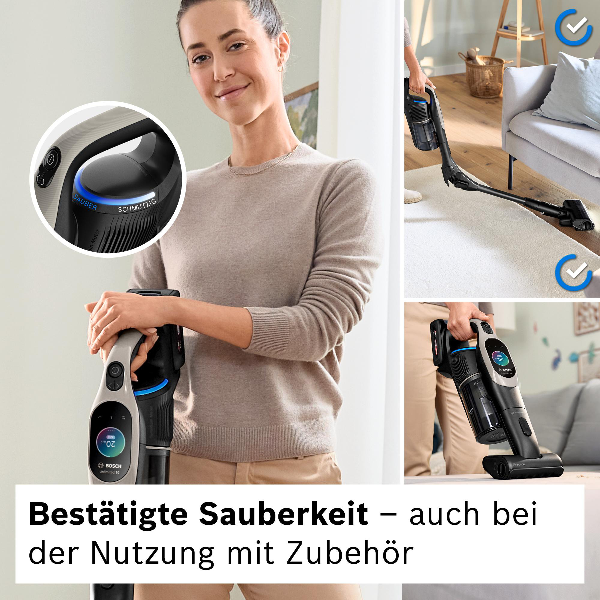 Frau mit kabellosem Staubsauger. Nahaufnahmen zeigen Details, inkl. Display. Text bestätigt Sauberkeit mit Zubehör.