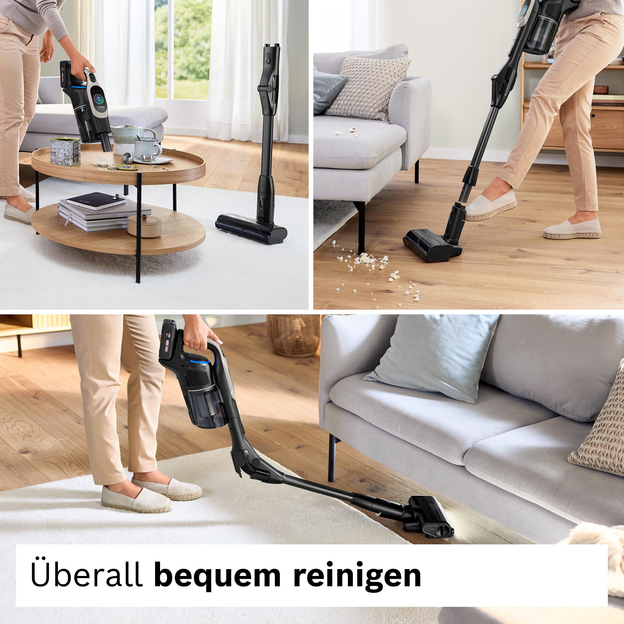 Eine Person benutzt einen schwarzen kabellosen Staubsauger auf einem Teppich und Holzboden. Der Text "Überall bequem reinigen" steht unten.