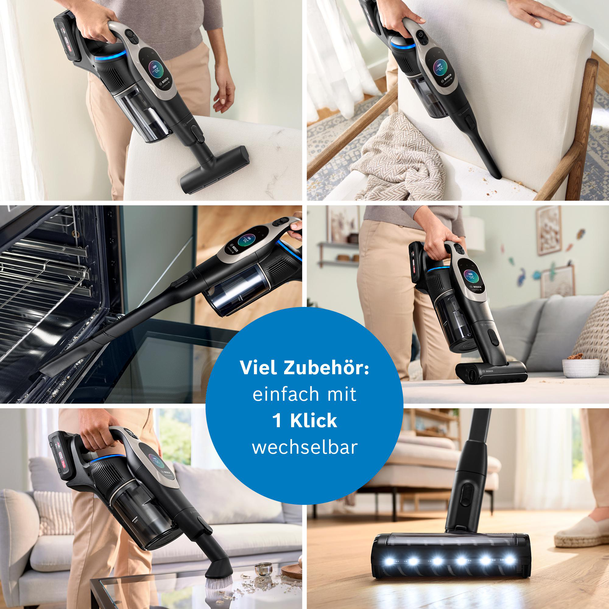 Ein kabelloser Staubsauger wird auf Möbeln, in einem Ofen und auf einem Tisch verwendet. Text: Viel Zubehör: einfach mit 1 Klick wechselbar.