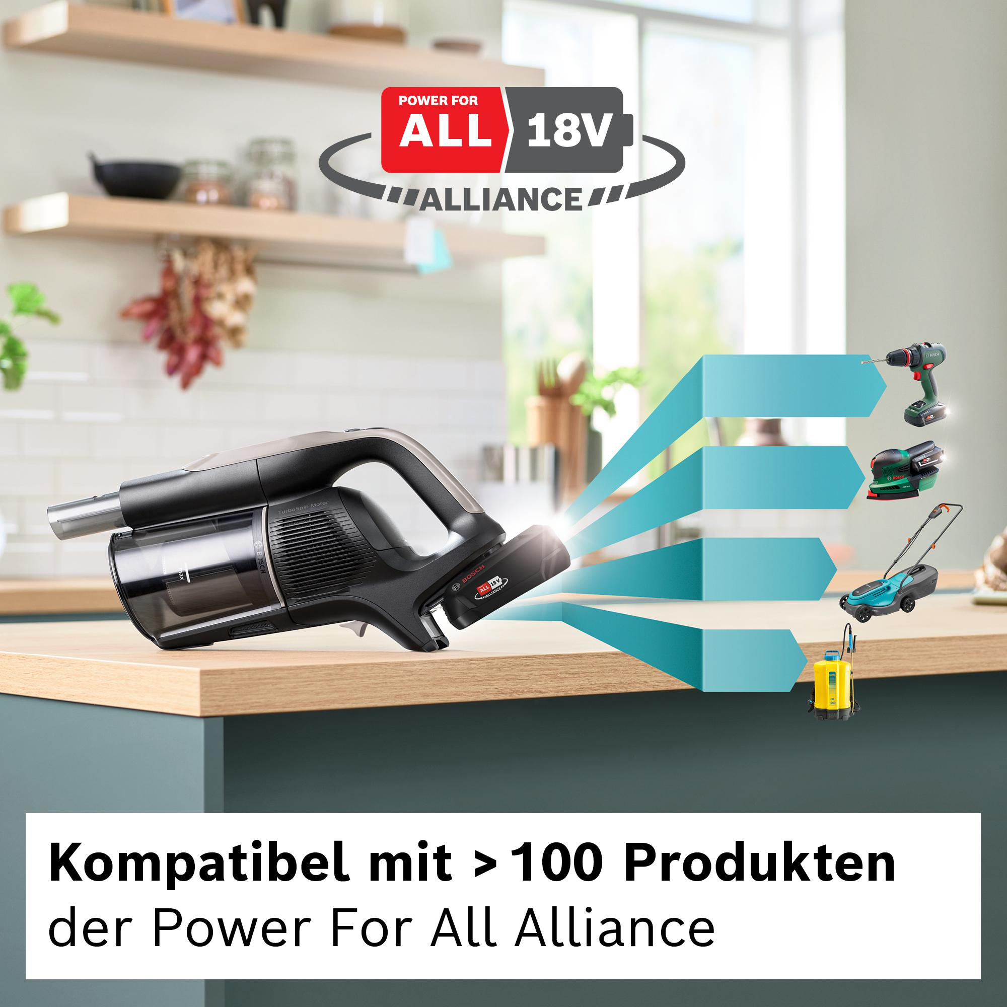 Ein schwarzer Handstaubsauger. Das Bild zeigt auch Werkzeuge und Logo der Marke, mit dem Text 'Power for All'.