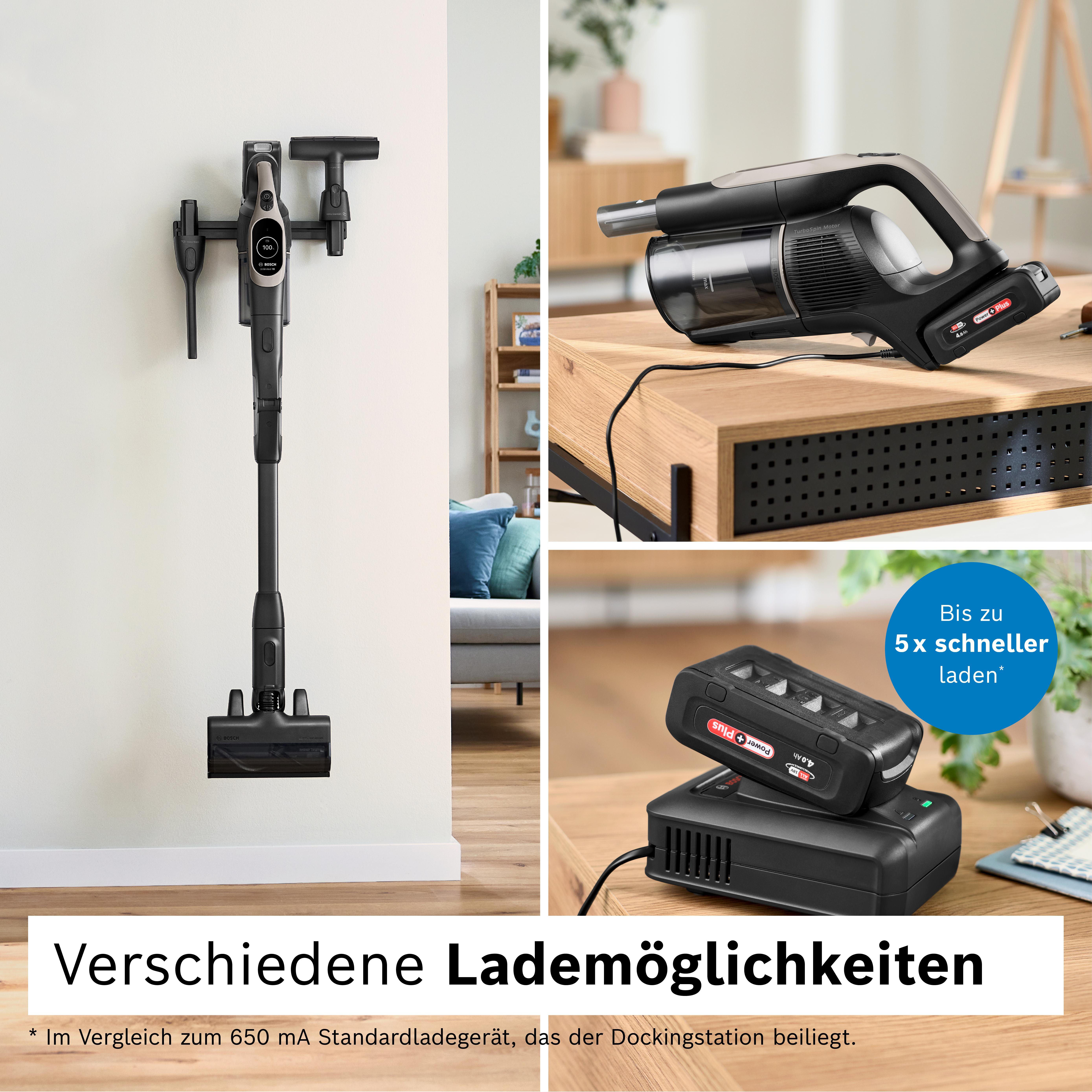 Ein kabelloser Staubsauger, Akku und Ladegerät werden gezeigt. Text besagt schnelleres Laden.