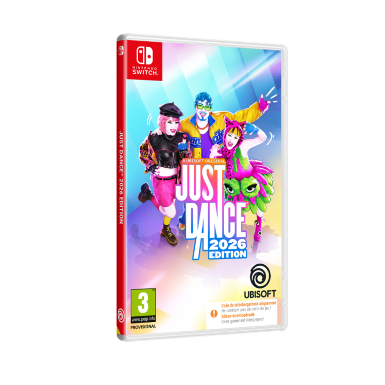 A Nintendo Switch game case for 'Just Dance 2026 Edition'. It features colorful characters and the Ubisoft logo. Rating 3+.
