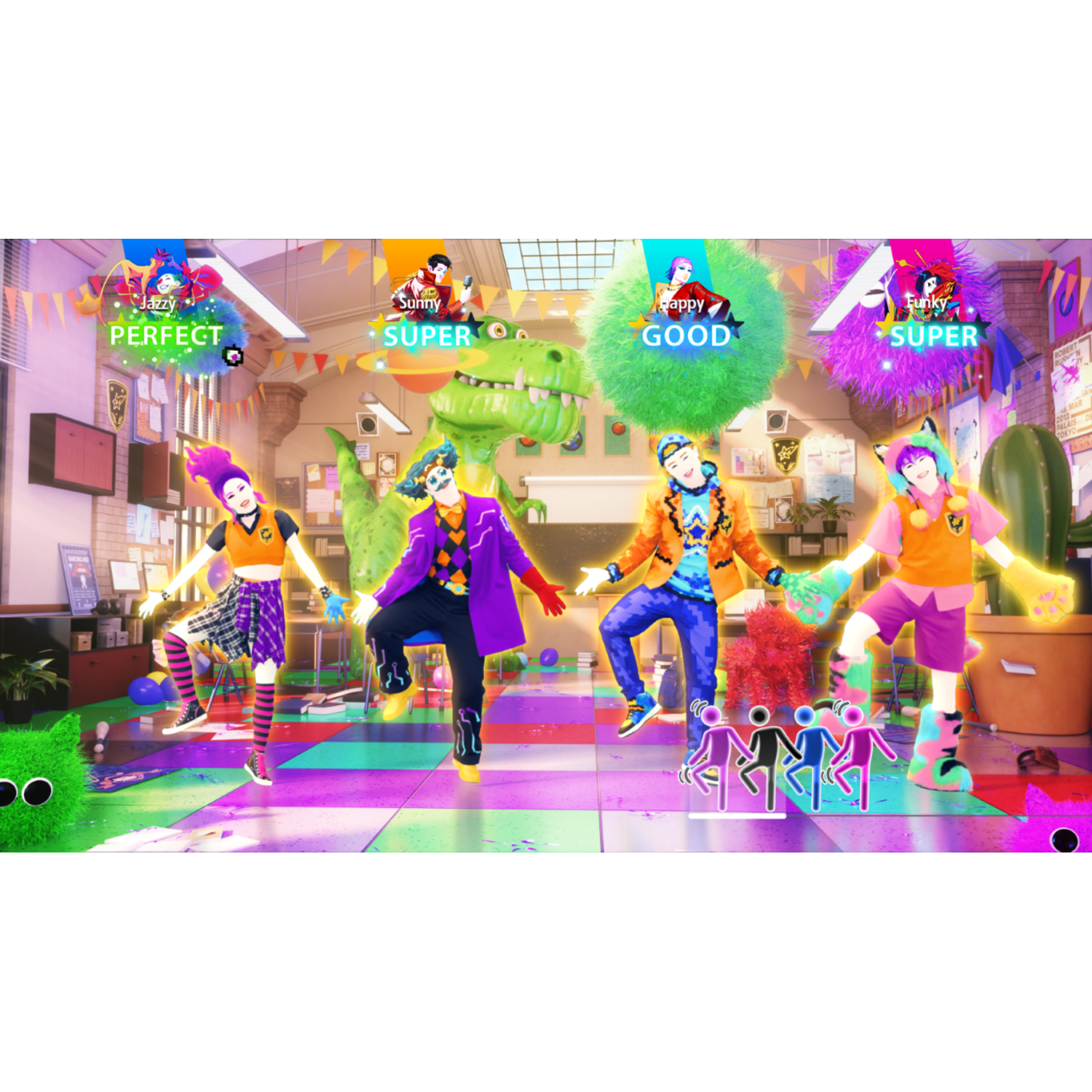Four dancers in a colorful setting, performing with scores above them. A green dinosaur and a cactus are also visible.