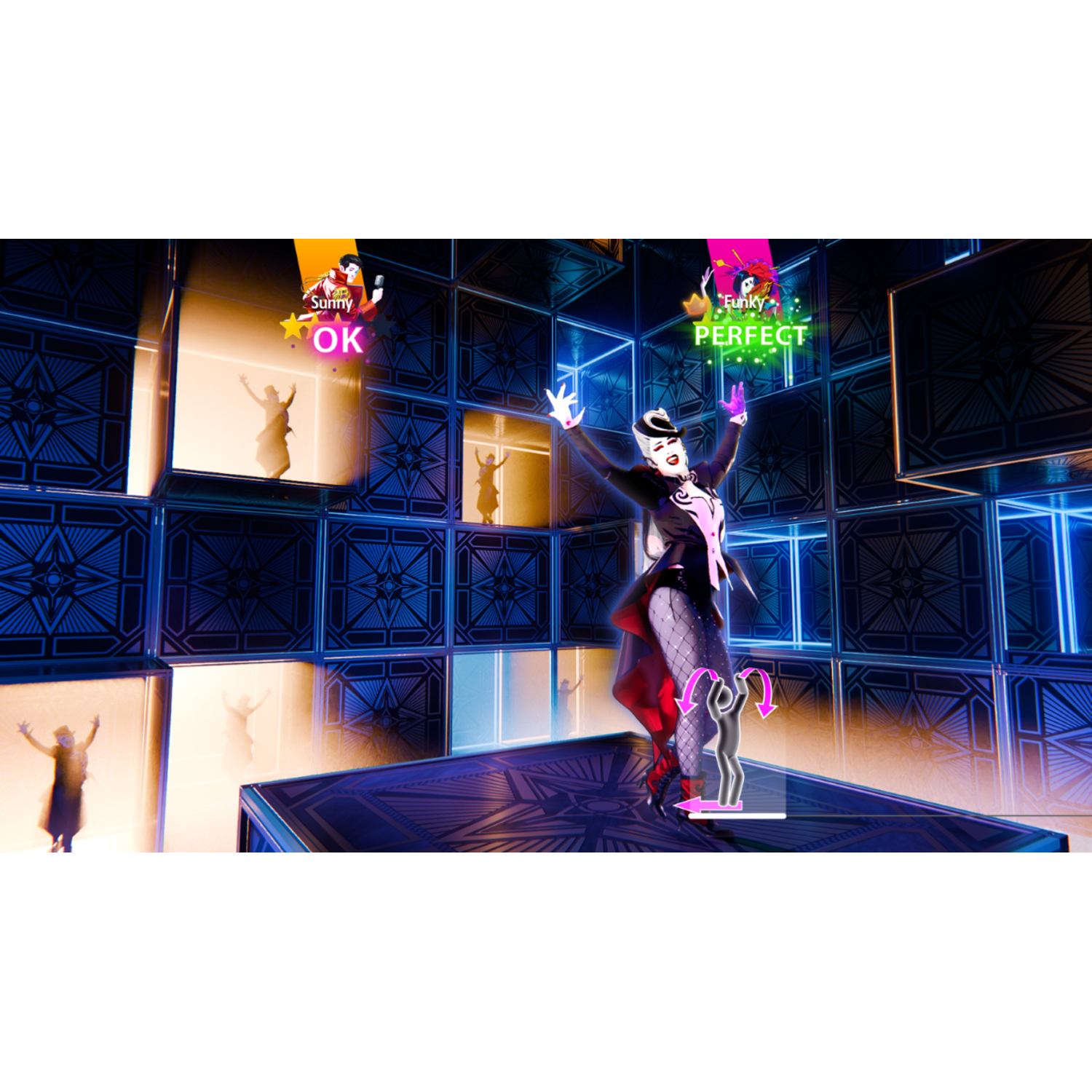 A performer in costume dances on a stage with a grid background. Graphics indicate 'OK' and 'PERFECT'. Other dancers are visible in the background.
