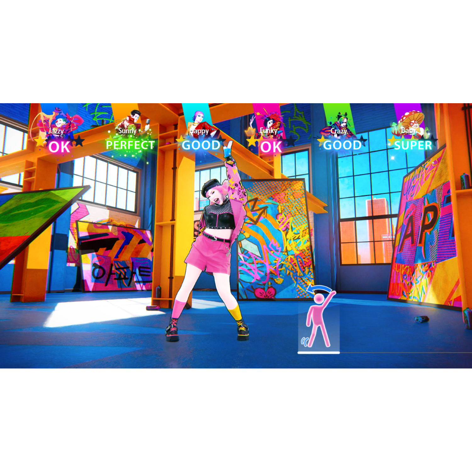 A woman in pink outfit dances in a colorful room. Score indicators are shown. The scene is vibrant, with graffiti art on the walls.