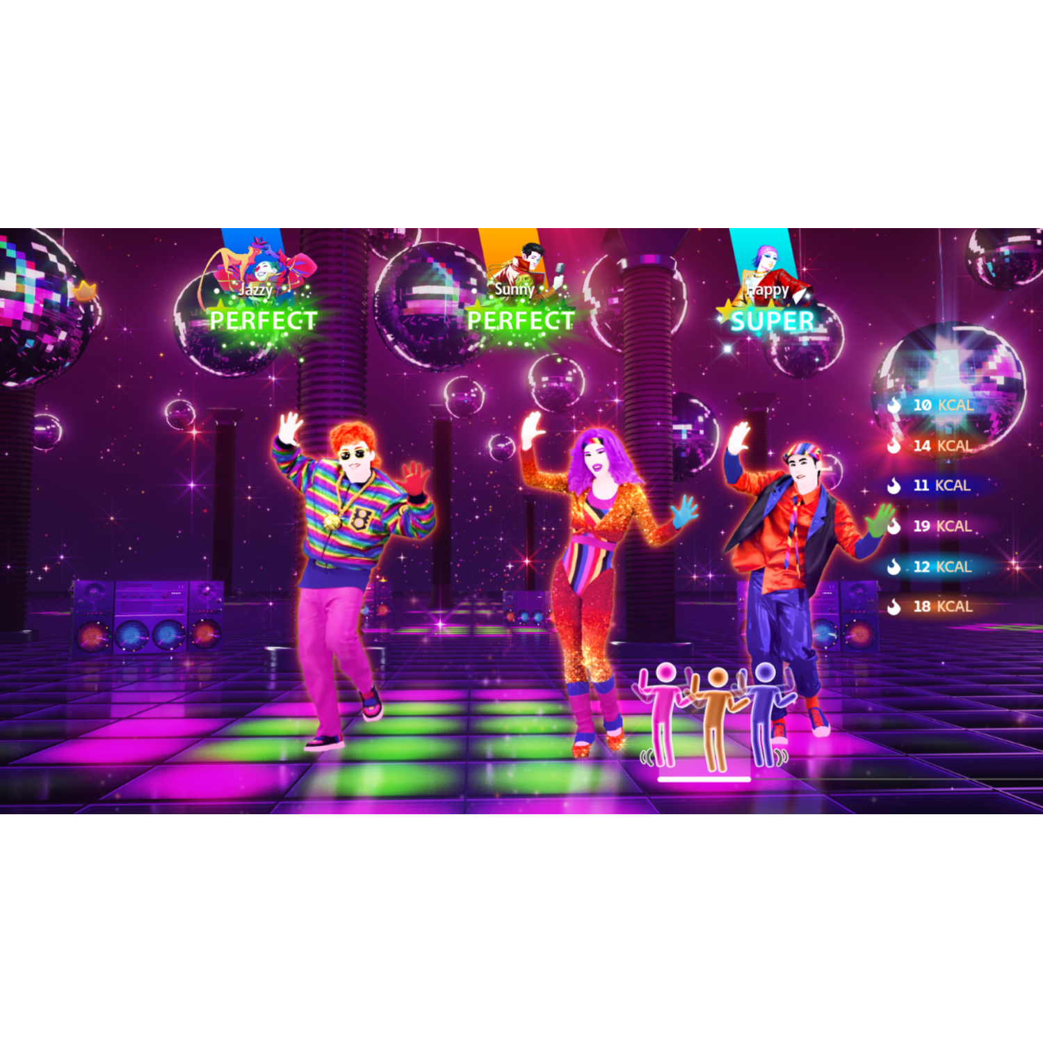 Three dancers are on a stage with disco balls. Game interface displays 'Perfect' and 'Super' scores, along with calorie counts.