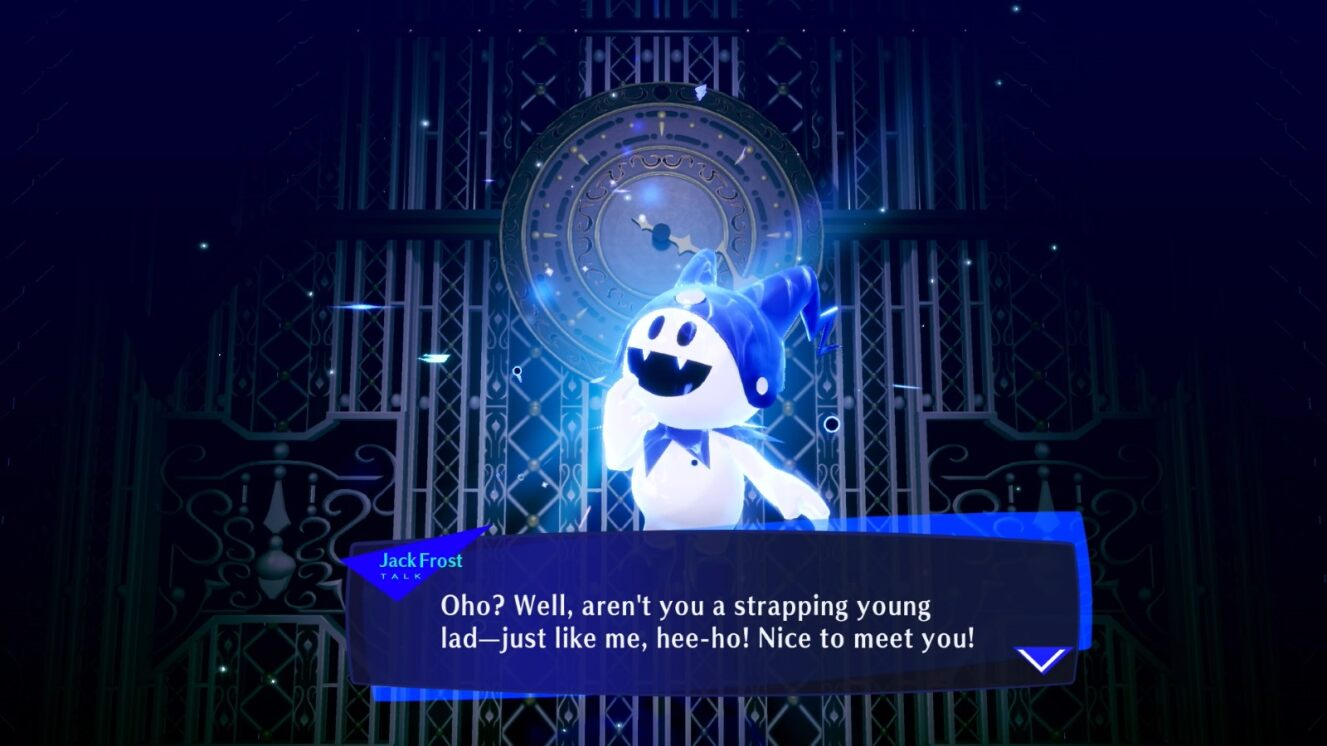 A blue and white Jack Frost character speaks. He is in front of a gate with a clock face. Text box says, "Nice to meet you!".