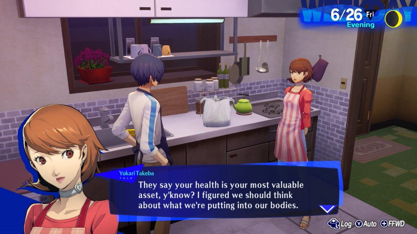 A scene in a kitchen with two women and a man. One woman is speaking. The kitchen has a stove, a counter, and a window.