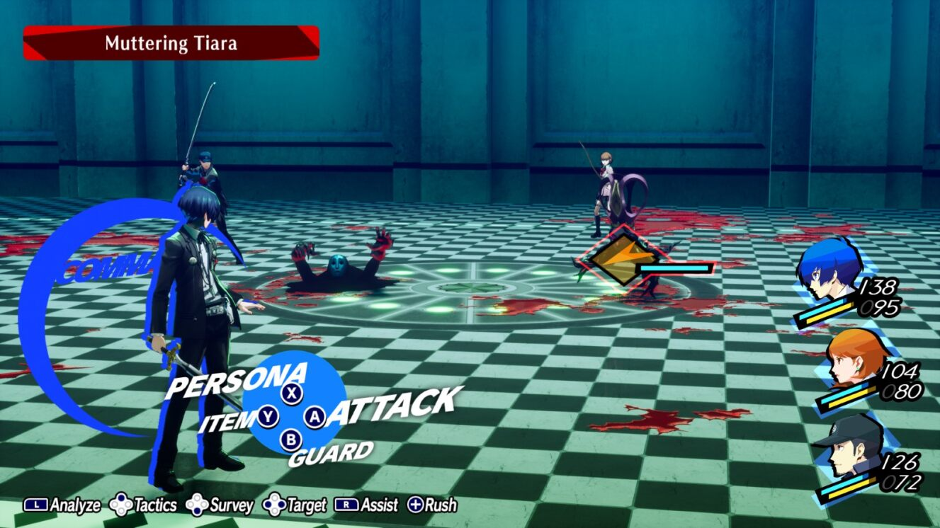 A battle scene from a video game. Characters are fighting on a checkered floor, with a blue combat circle. Blood splatters are visible.