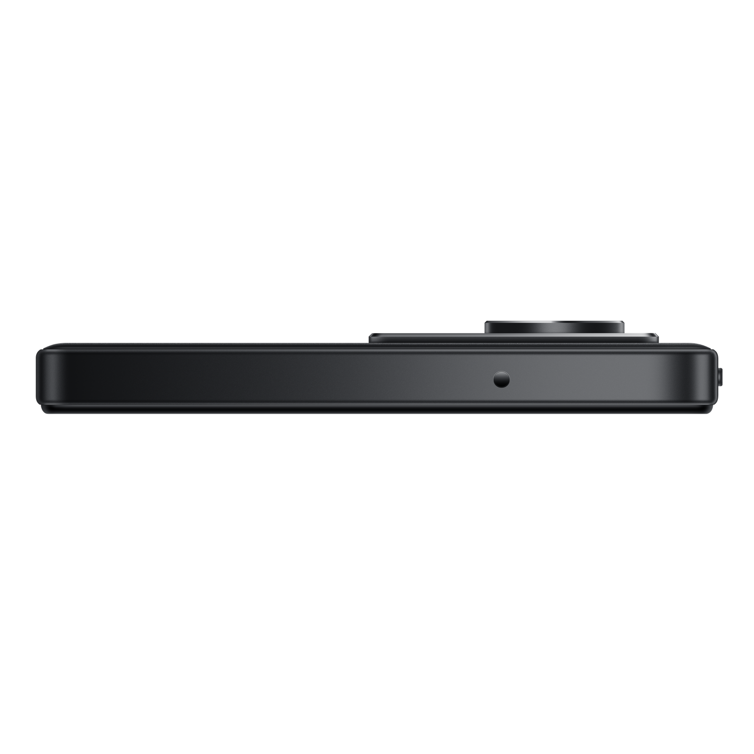 Side view of a black smartphone. The camera is on top. The background is black and white.