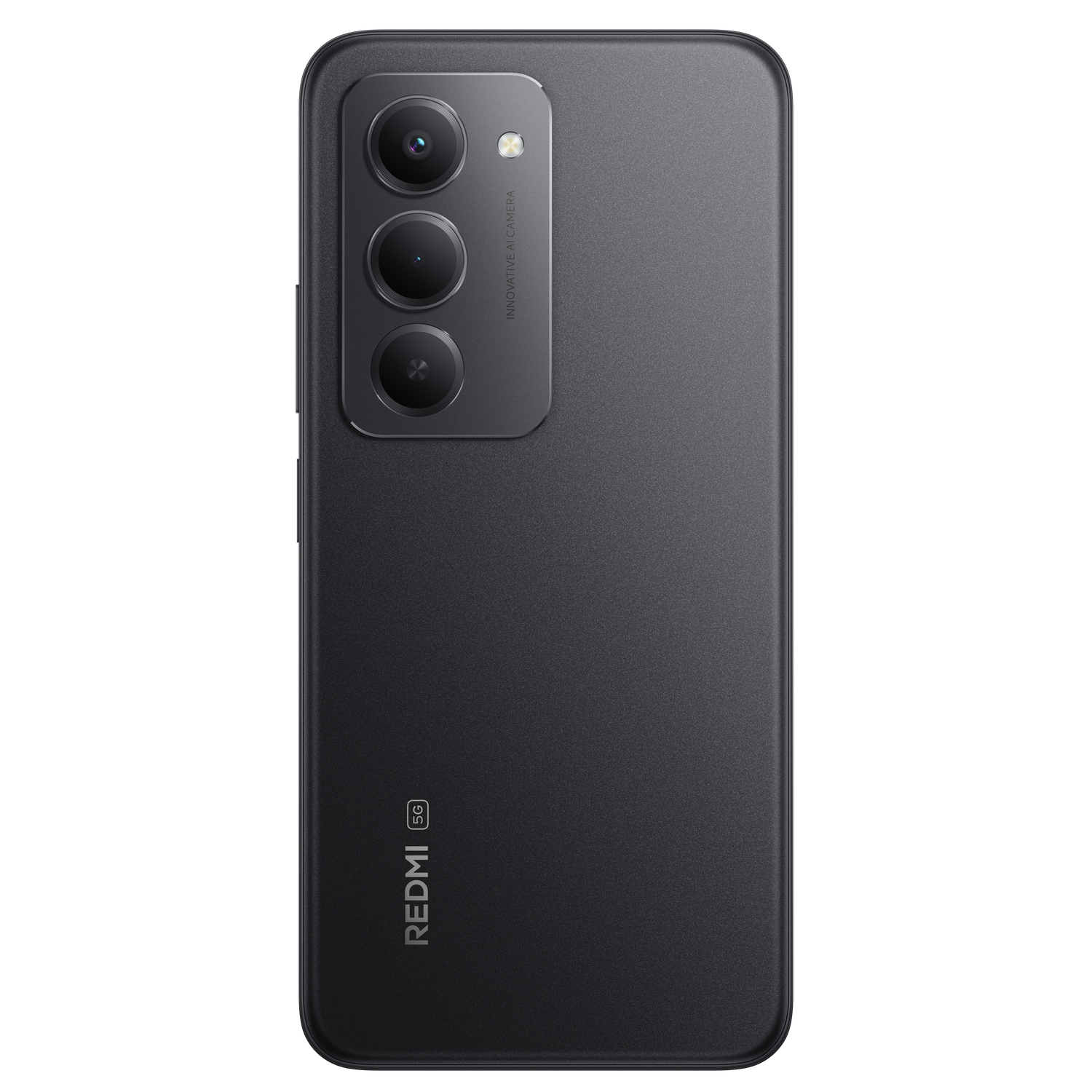 Black smartphone back with triple camera and Redmi 5G logo. The camera module is located in the upper part of the phone.