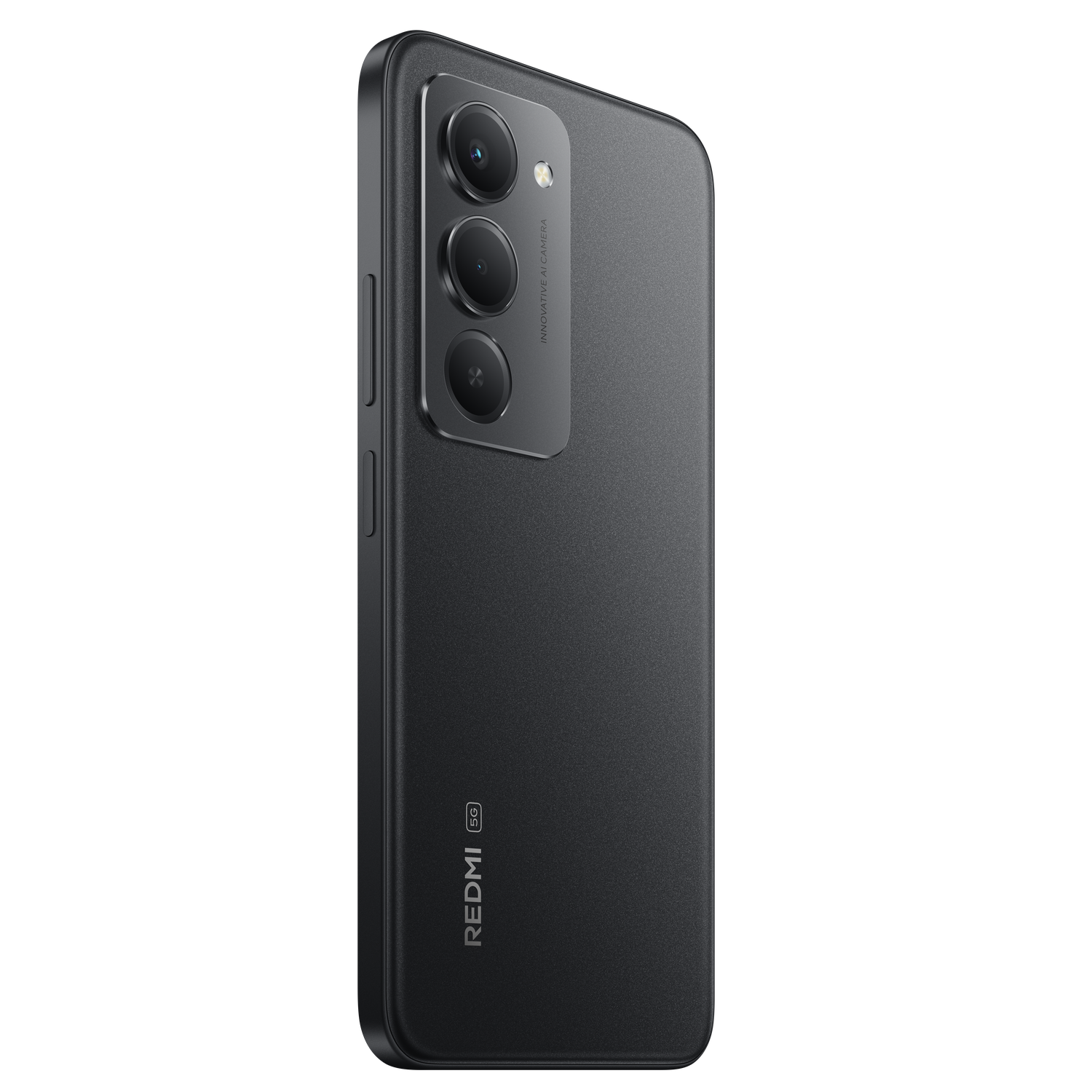 A black Redmi 5G smartphone, angled slightly, showing camera array and branding. The background is black.