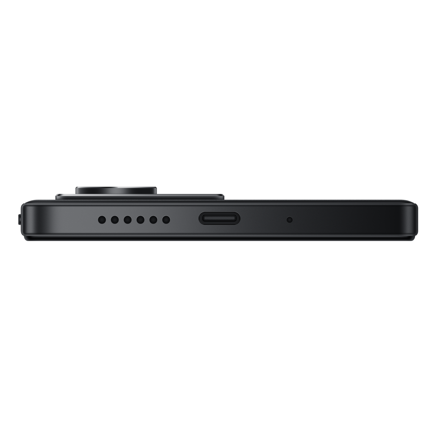 Side view of a black smartphone. Visible are the camera lens, several holes, a USB-C port, and a microphone.