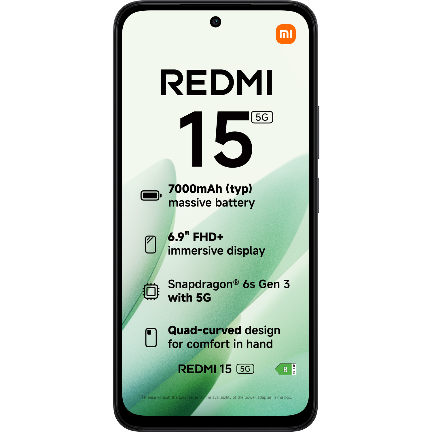 Black smartphone with the text REDMI 15 5G. Key features: 7000mAh battery, 6.9" FHD+ display, Snapdragon 6s Gen 3 with 5G, and curved design.