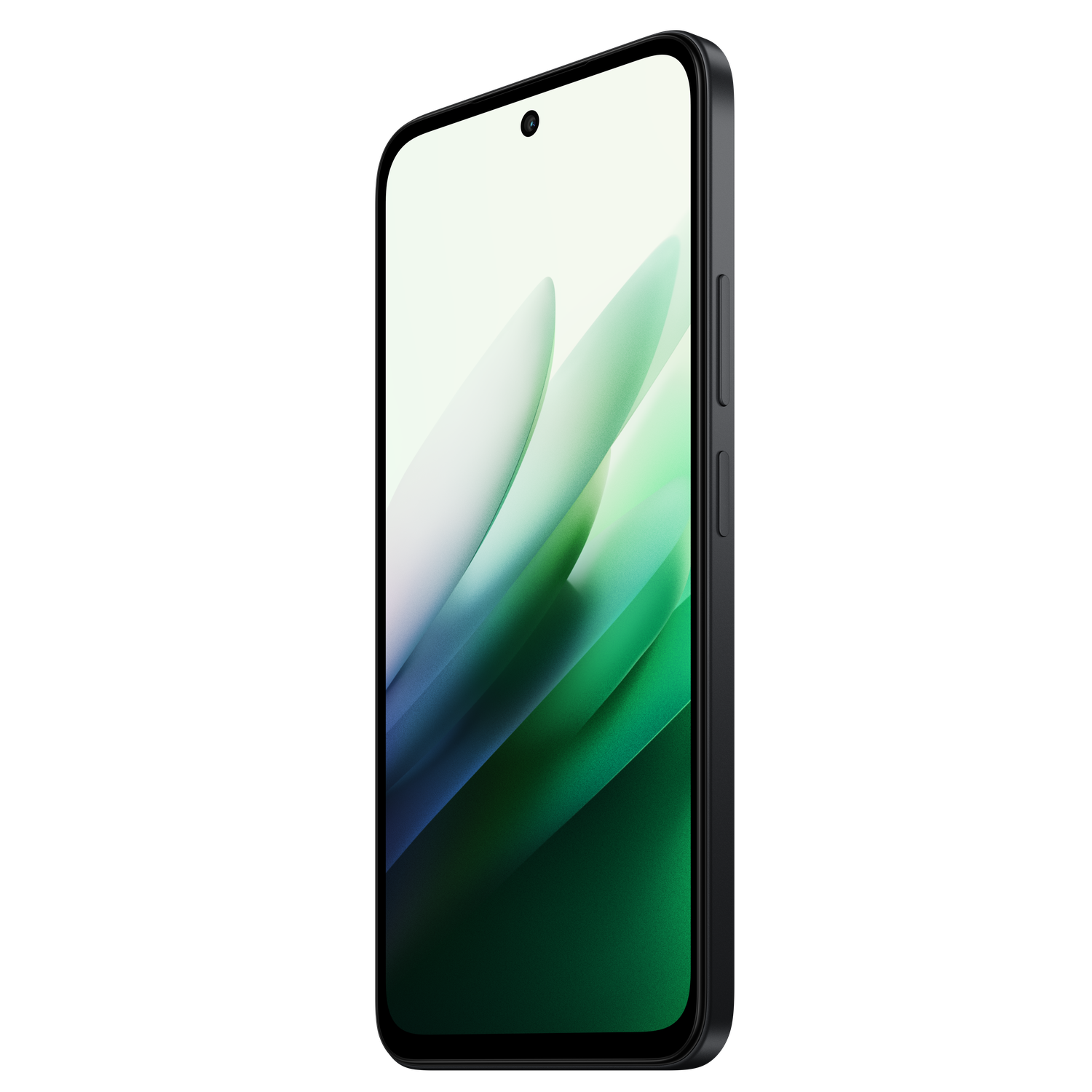 Een zwarte smartphone met een groen en wit verloopdisplay is naar rechts gekanteld. Knoppen zijn zichtbaar aan de zijkant. De achtergrond is zwart.